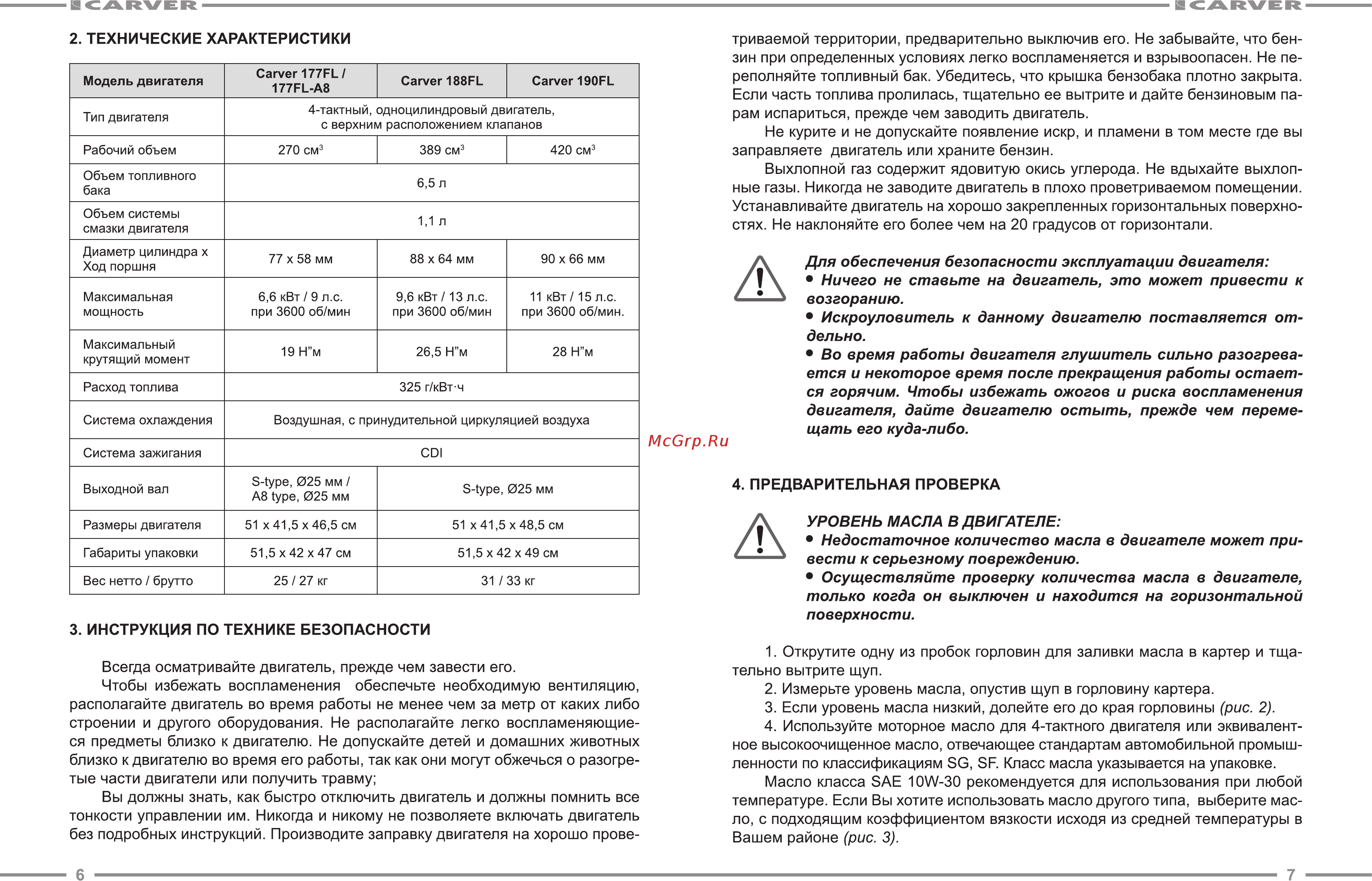 Carver 01.010.00130 [4/17] Для обеспечения безопасности эксплуатации двигателя ничего не ставьте на двигатель это может привести к возгоранию искроуловитель к данному двигателю поставляется от дельно во время работы двигателя глушитель сильно разогрева ется и некоторое время после прекращения работы остает ся горячим чтобы избежать ожогов и риска воспламенения двигателя дайте двигателю остыть прежде чем переме щать его куда либо