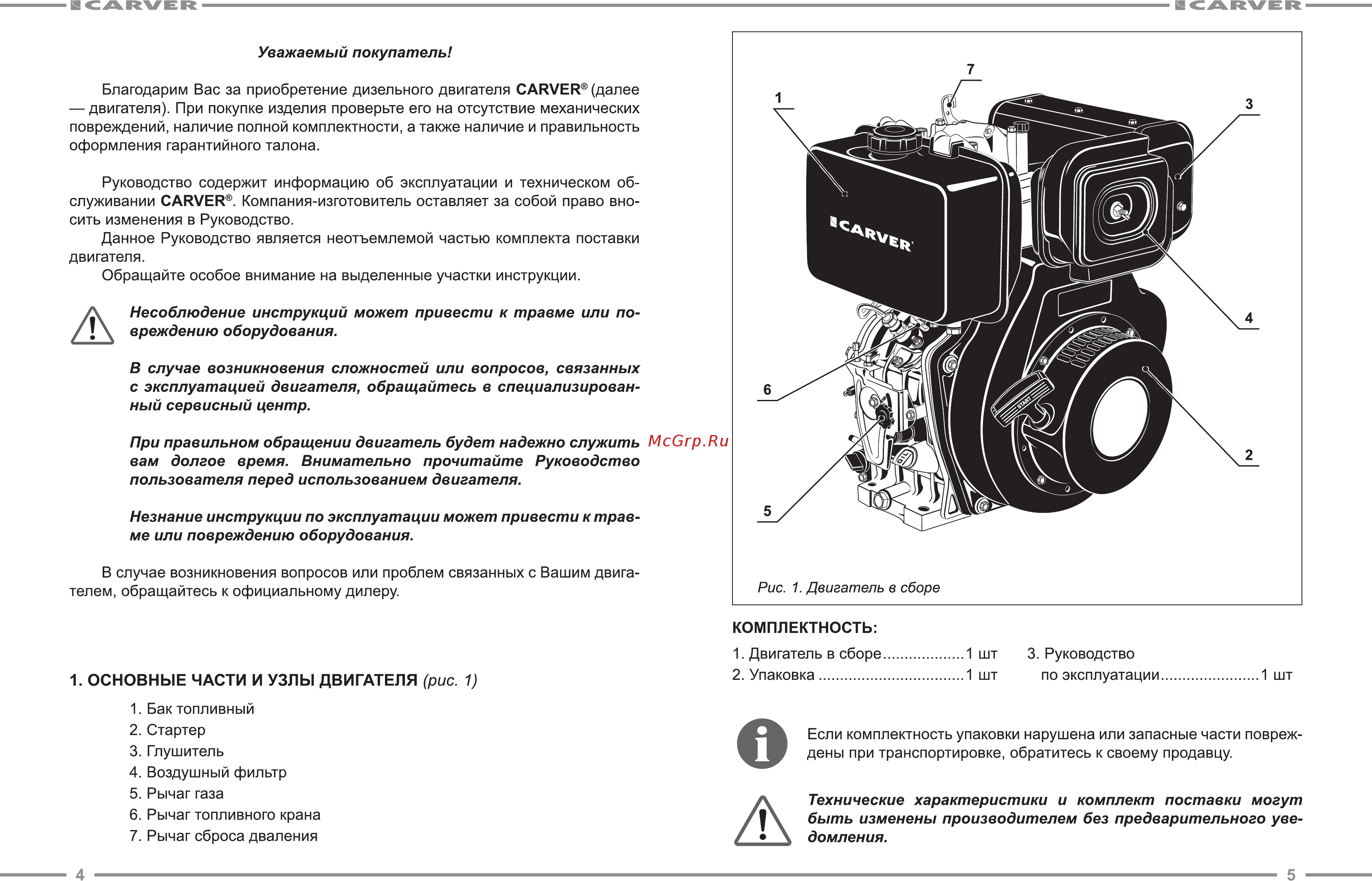 Carver 01.010.00124 [3/13] Бак топливный 2 стартер 3 глушитель 4 воздушный фильтр 5 рычаг газа 6 рычаг топливного крана 7 рычаг сброса дваления