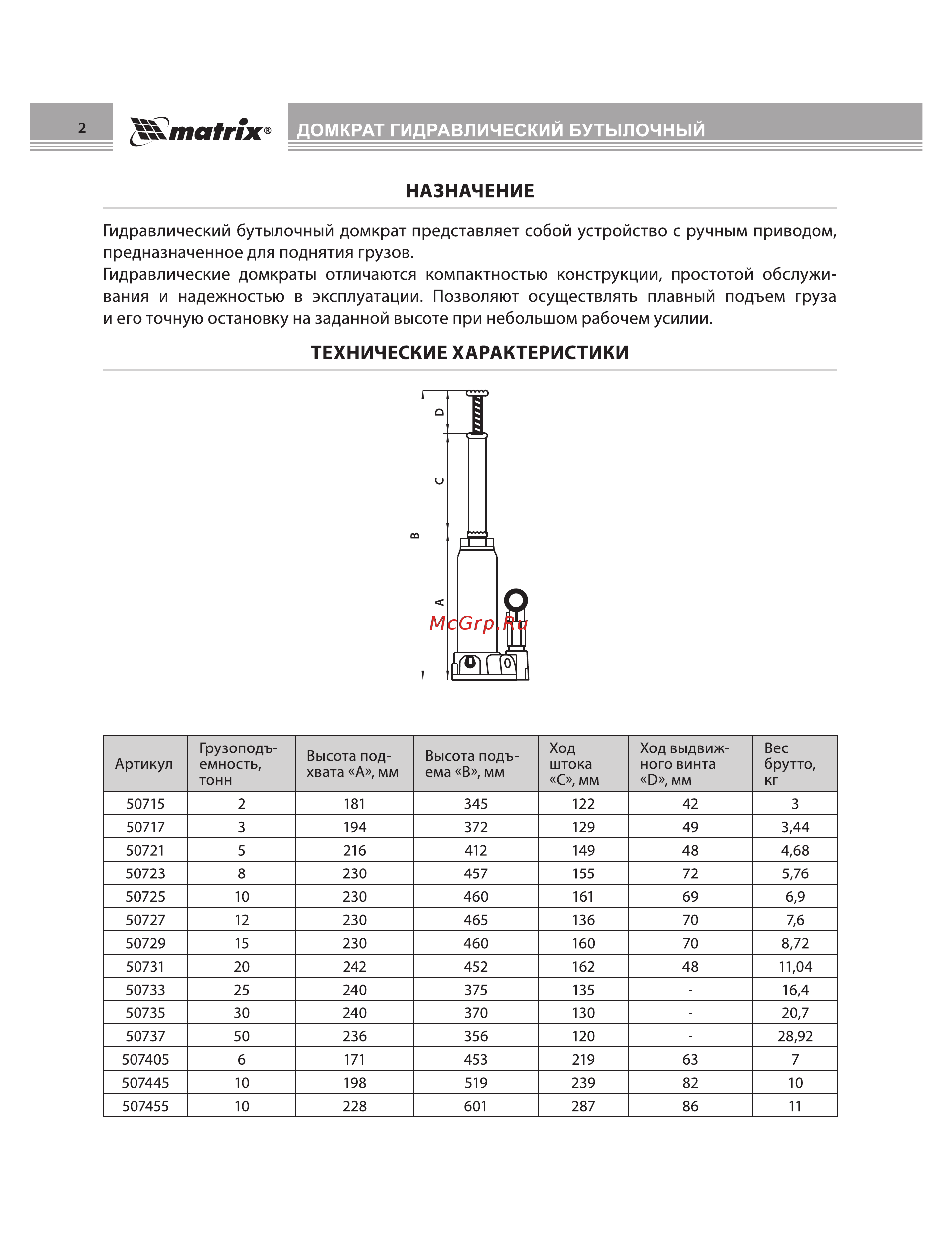 Matrix 507445 [2/8] Домкрат гидравлический бутылочный