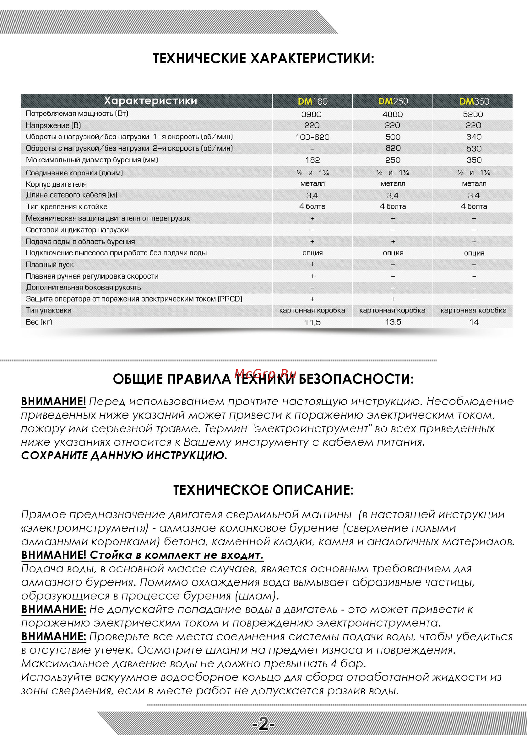 Messer dm-250 11-02-250 [3/12] Не допускайте попадание воды в двигатель это может привести к поражению электрическим током и повреждению электроинструмента