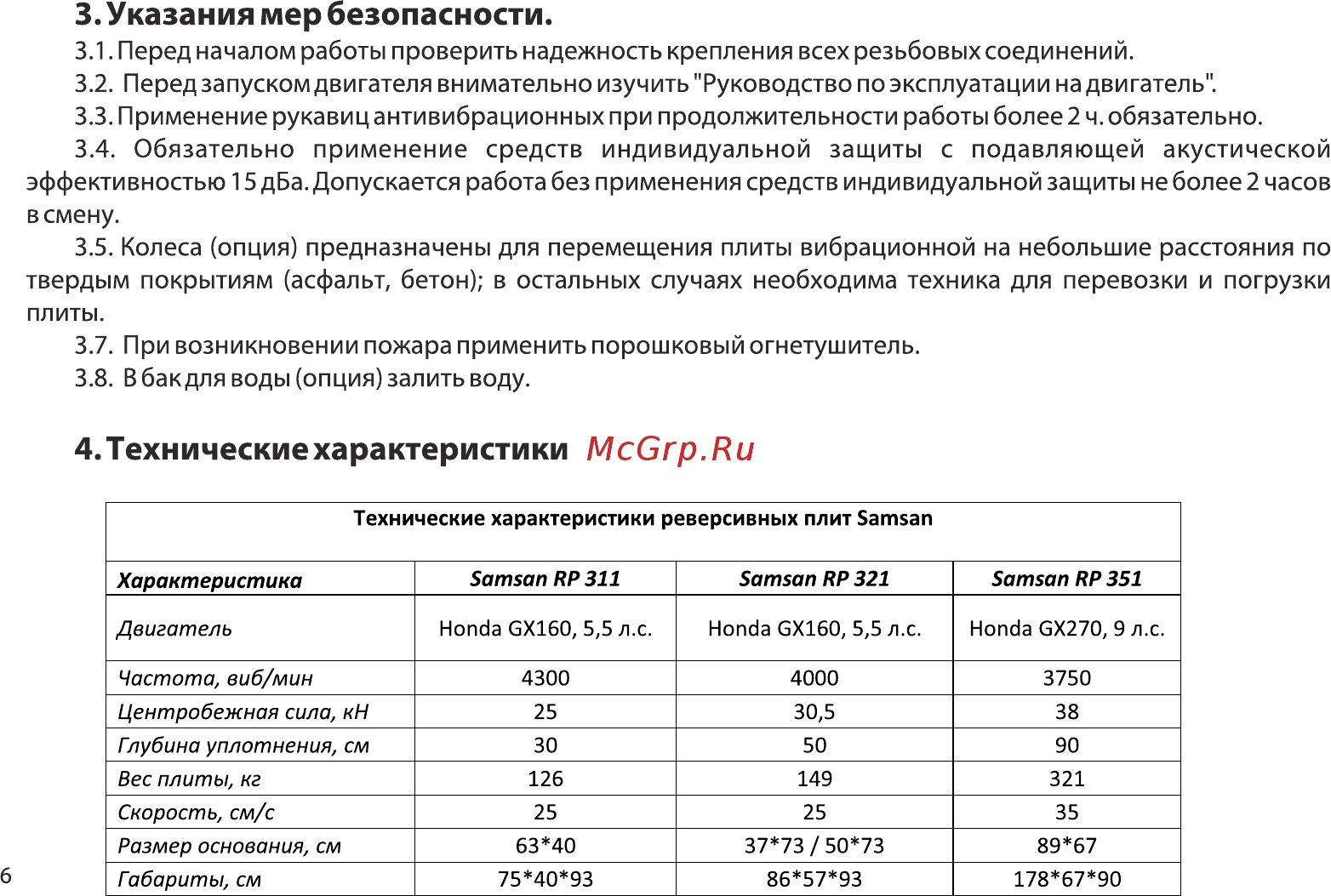 Samsan RP 321 [6/16] Перед началом работы проверить надежность крепления всех резьбовых соединений 3 перед запуском двигателя внимательно изучить руководство по эксплуатации на двигатель 3 применение рукавиц анти вибрационных при продолжительности работы более 2 ч обязательно 3 обязательно применение средств индивидуальной защиты с подавляющей акустической