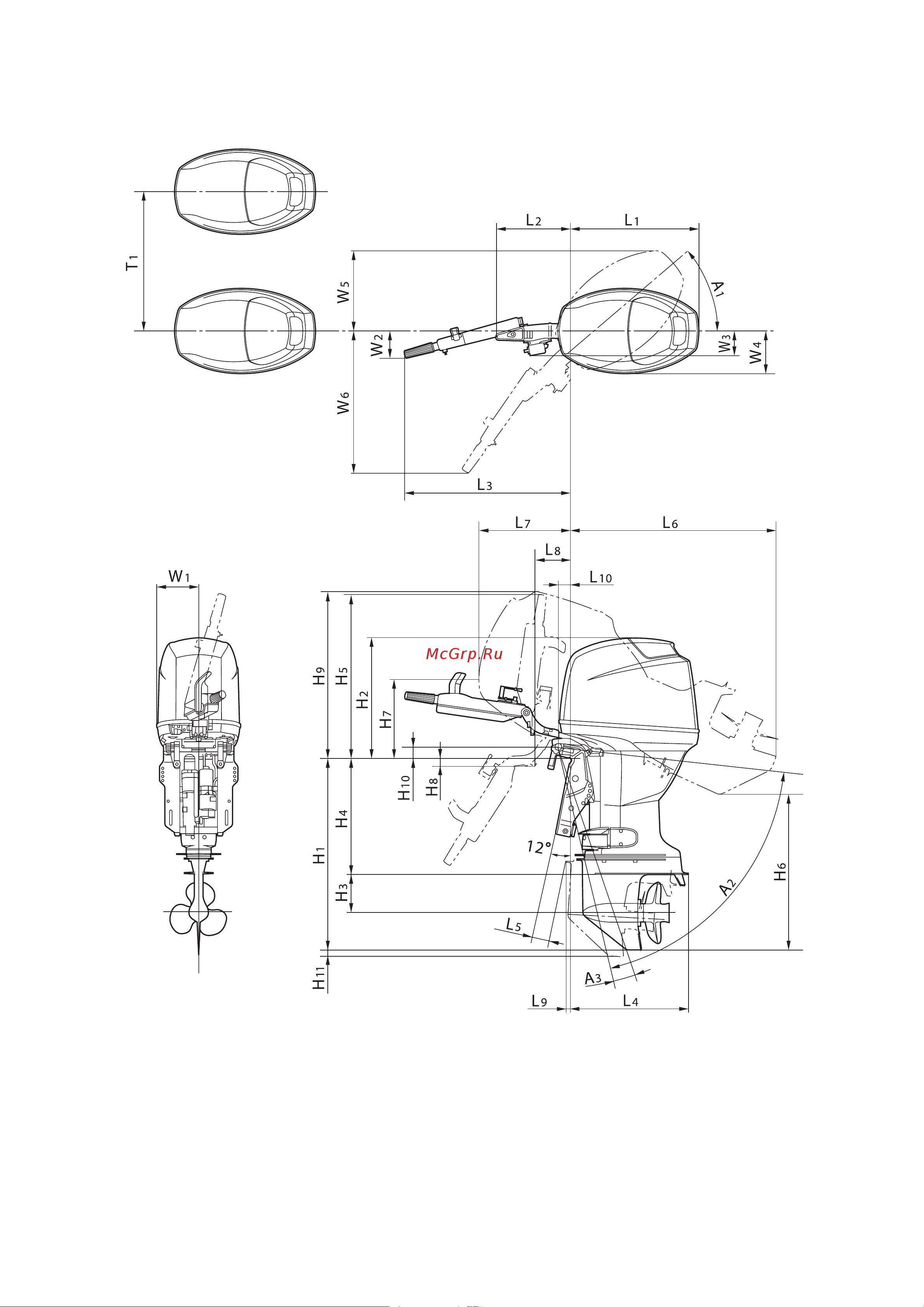 Yamaha F100 [19/232] Габаритные размеры подвесных моторов