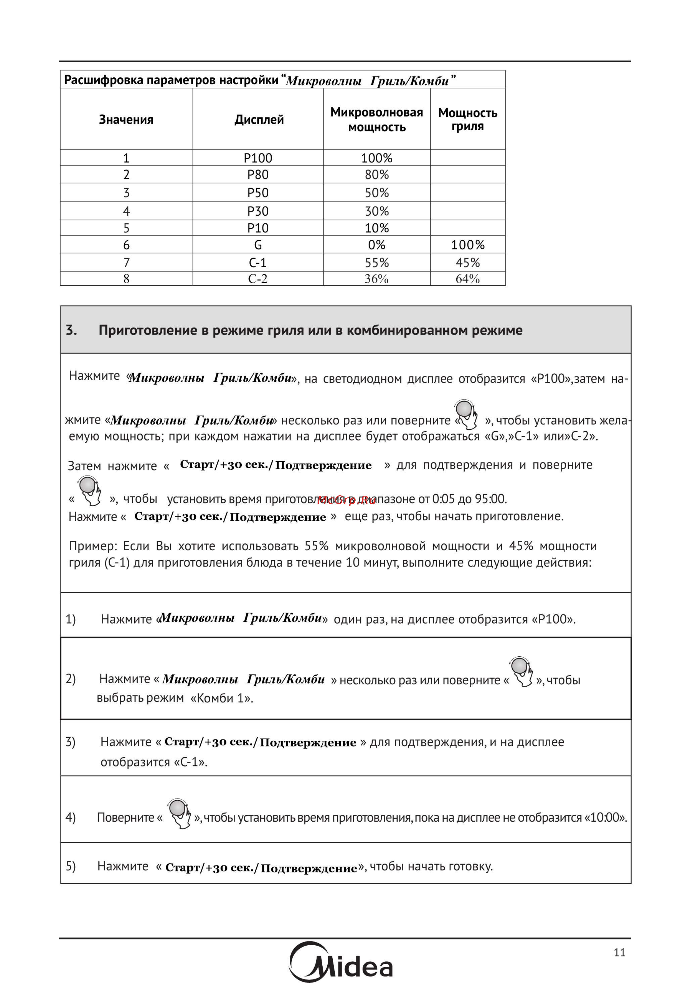 Midea AG820BJU-BL [11/23] Приготовление в режиме гриля или в комбинированном режиме