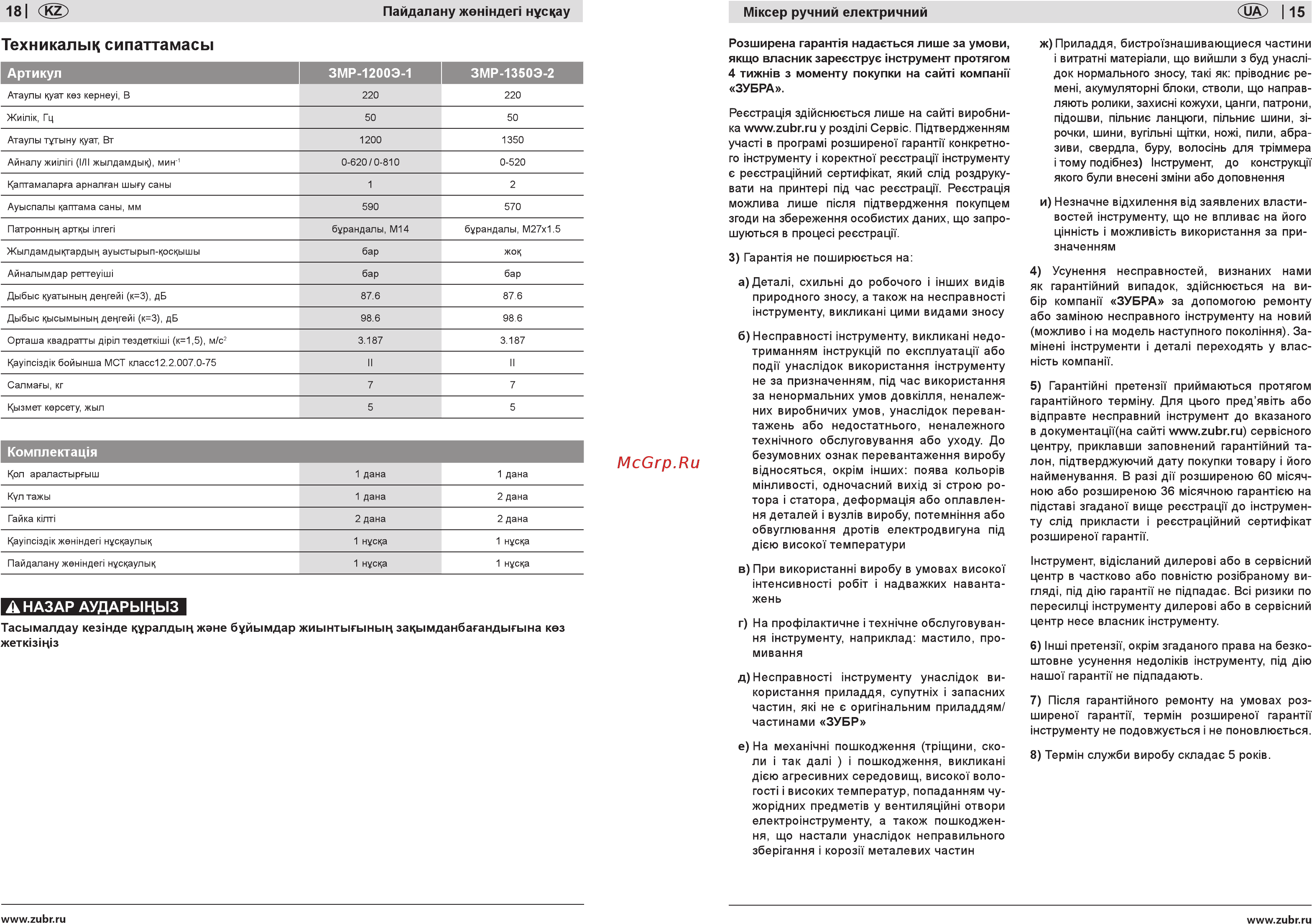 Зубр эксперт змр-1200э-1 [15/16] Техникалык сипаттамасы