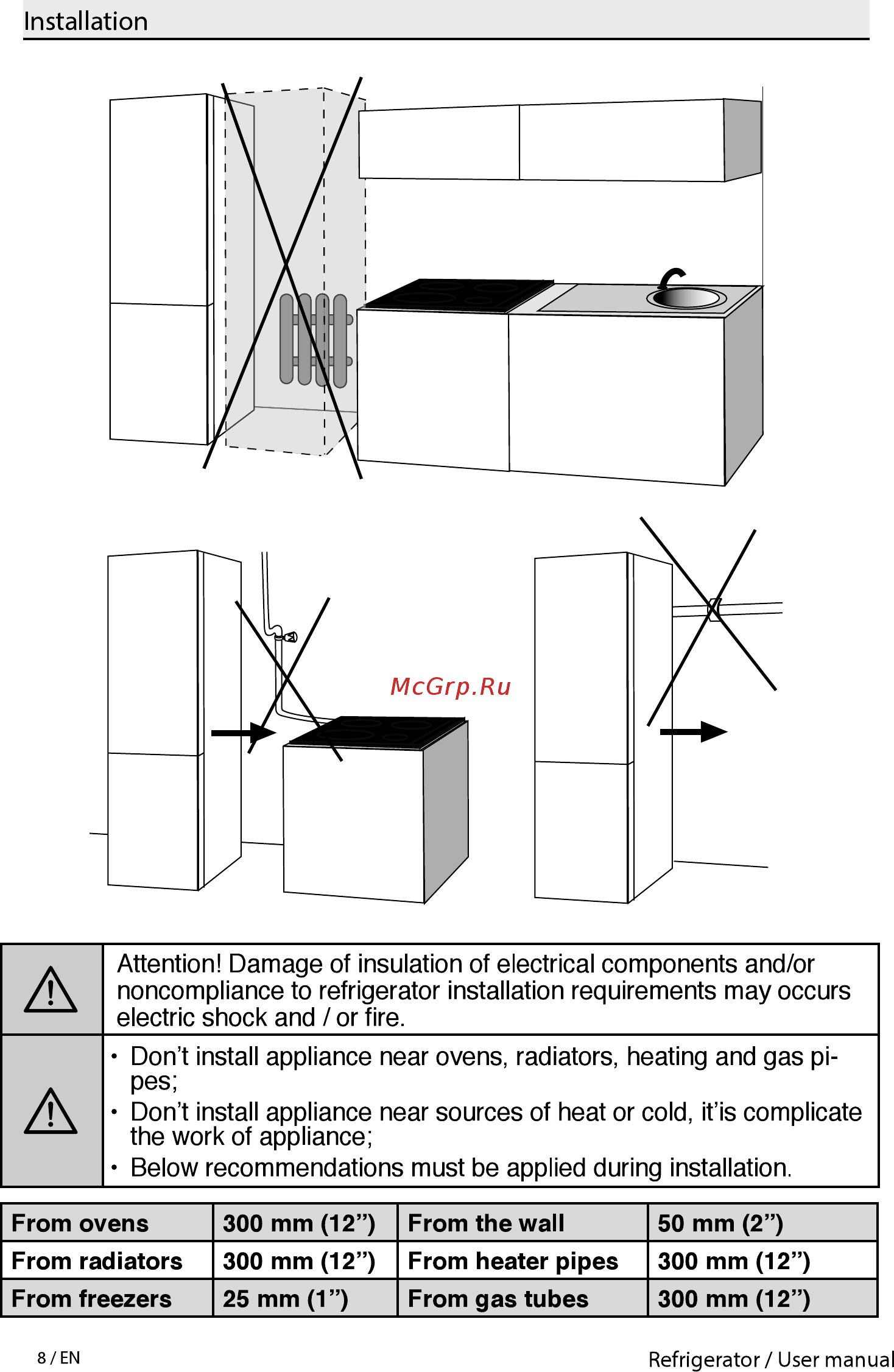 Beko RCNK400E20ZW [10/52] Attention damage of insulation of electrical components and or noncompliance to refrigerator installation requirements may occurs electric shock and or fire