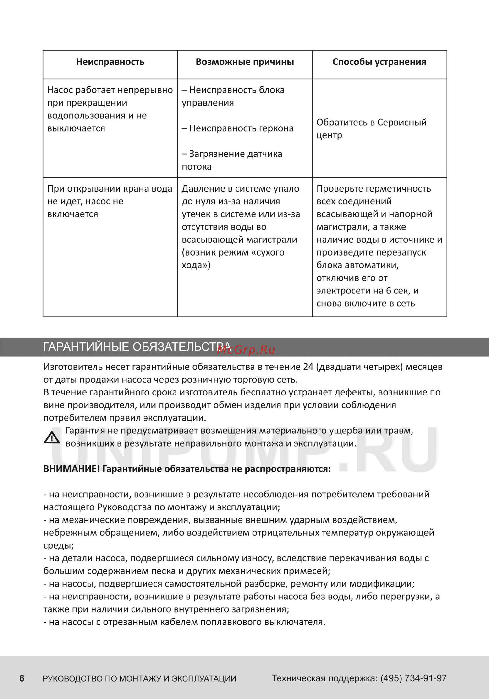Unipump 15364 [6/8] Гарантийные обязательства