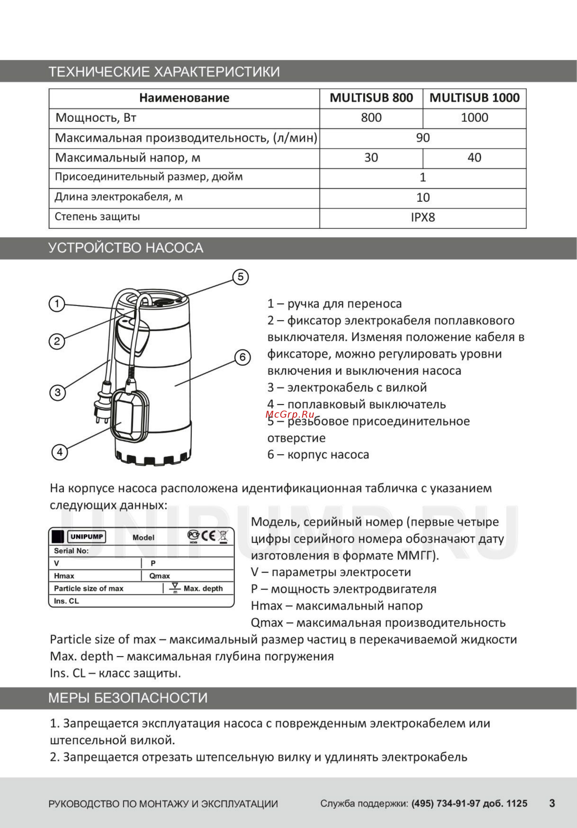Unipump MULTISUB 800 [3/8] Технические характеристики