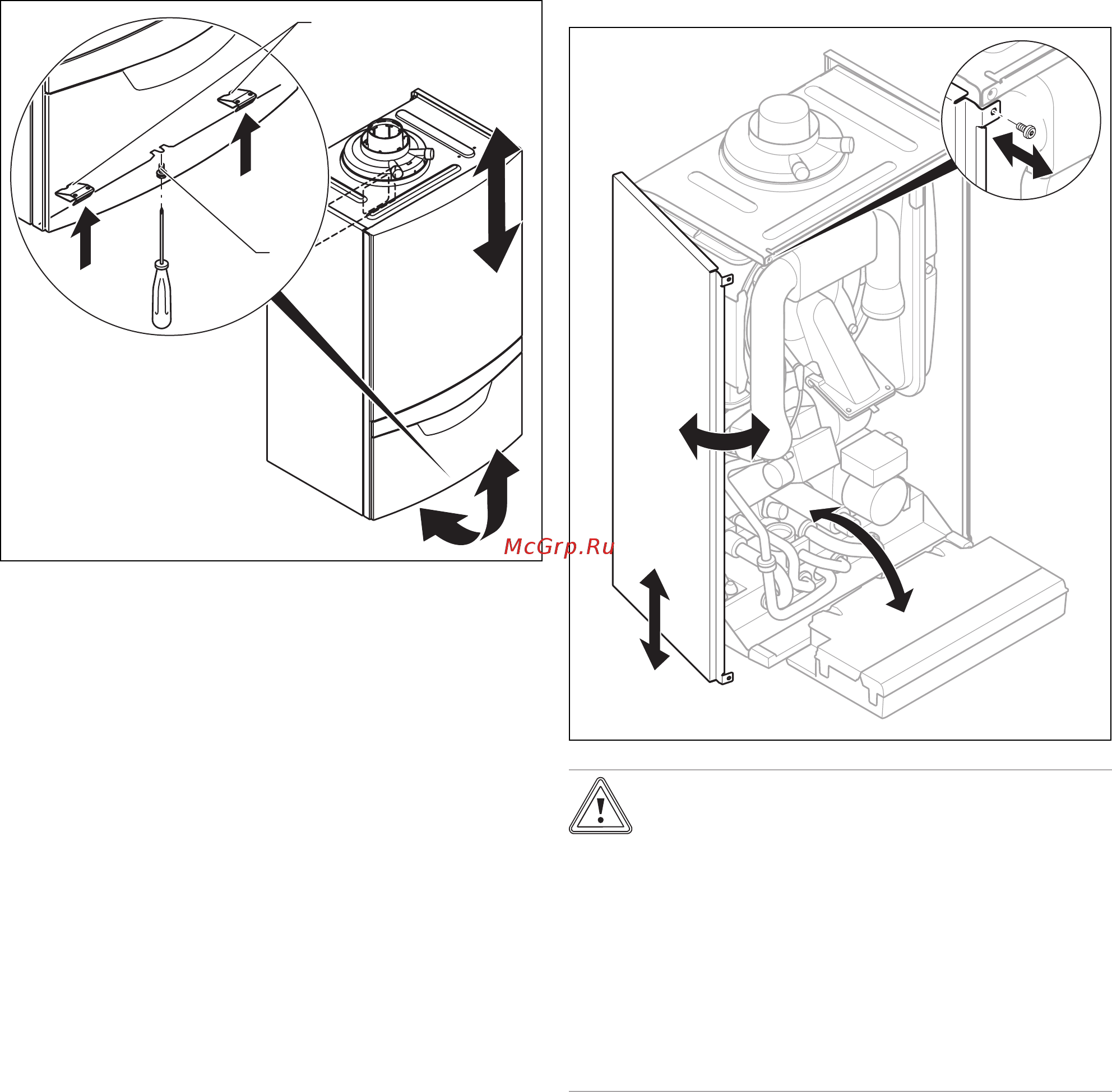 Vaillant VUW INT IV 246/5-5 [12/64] После демонтажа обеих боковых частей возможна механическая деформация из делия способная причинить повреждения например трубной обвязки и вызвать не герметичность
