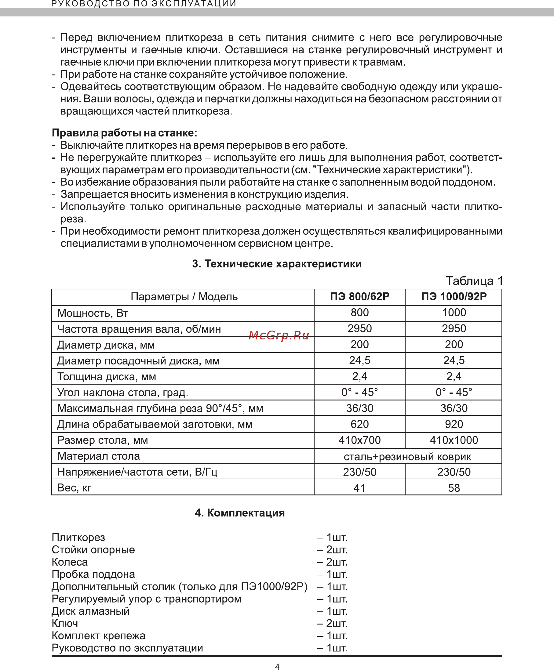 Elitech ПЭ 800/62Р [4/12] Таблица 1