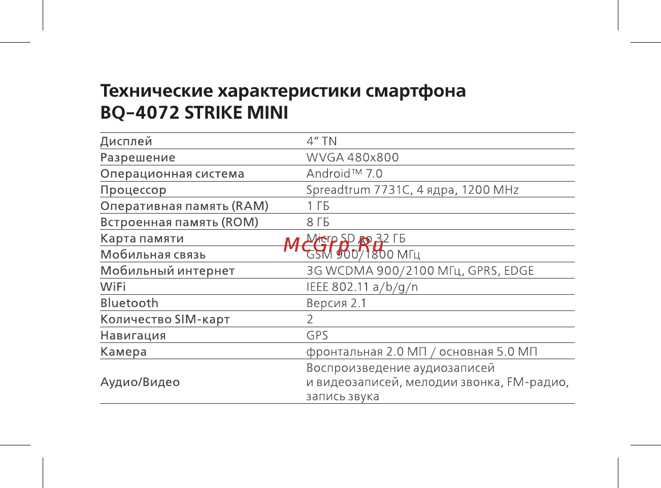 BQ BQ-4072 Strike Mini [4/44] Технические характеристики смартфона bq 4072 strike mini