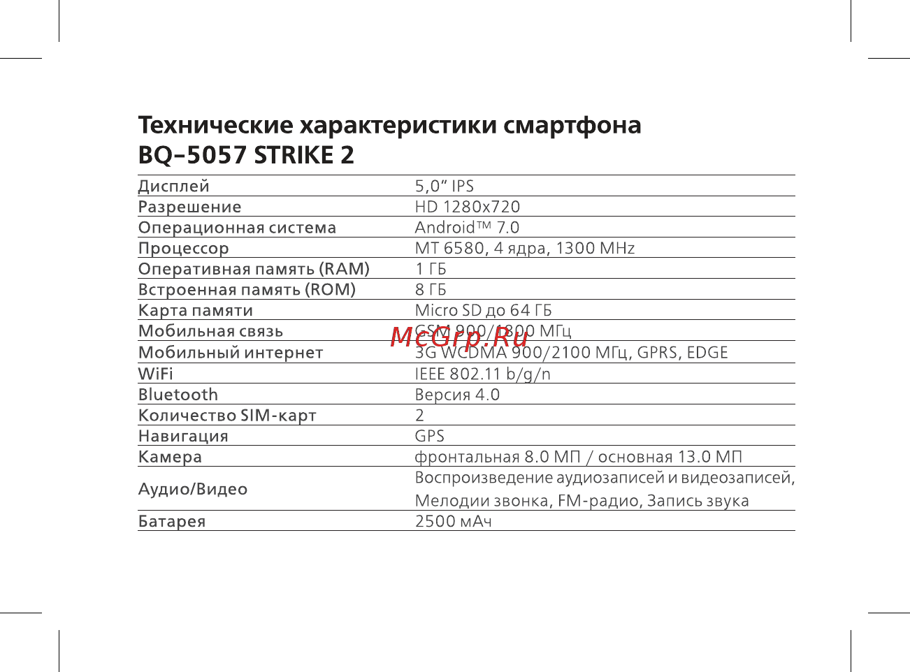 BQ BQ-5057 Strike 2 [4/44] Технические характеристики смартфона bq 5057 strike 2