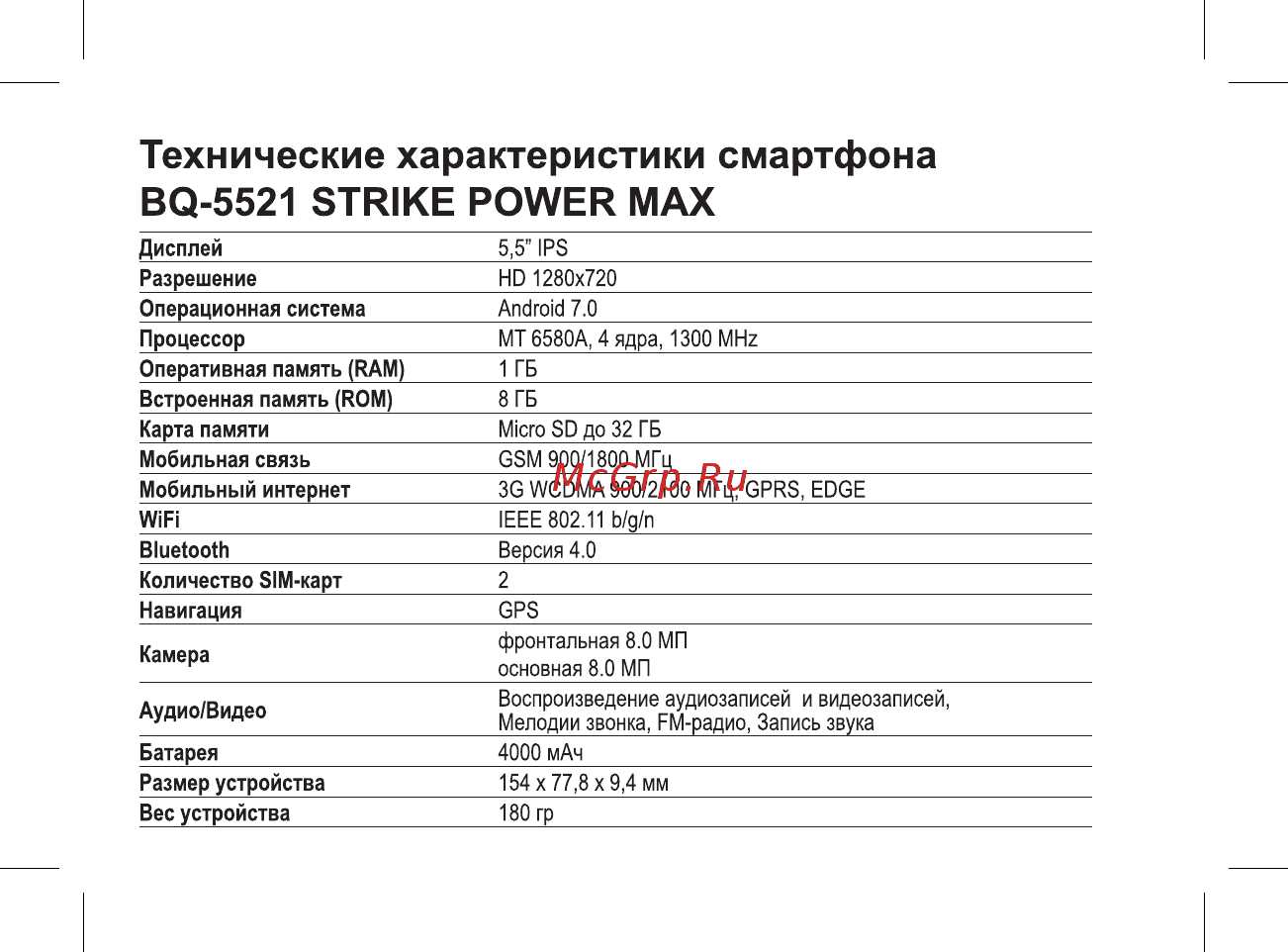 BQ BQ-5521 Strike Power Max [4/47] Технические характеристики смартфона bq 5521 strike power max