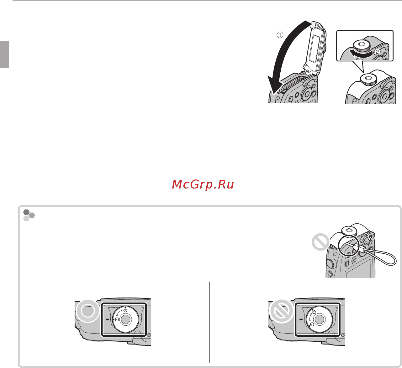 Fujifilm FinePix XP70 Orange [28/134] Close and latch the battery chamber cover holding the battery chamber cover closed against the camera body q rotate the latch until it clicks into place w indicating that the cover is secure