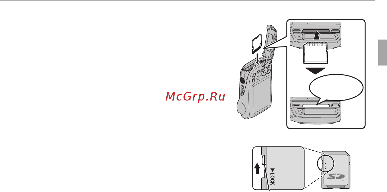 Fujifilm FinePix XP70 Blue [27/134] Insert the memory card holding the memory card in the orientation shown at right slide it in until it clicks into place at the back of the slot