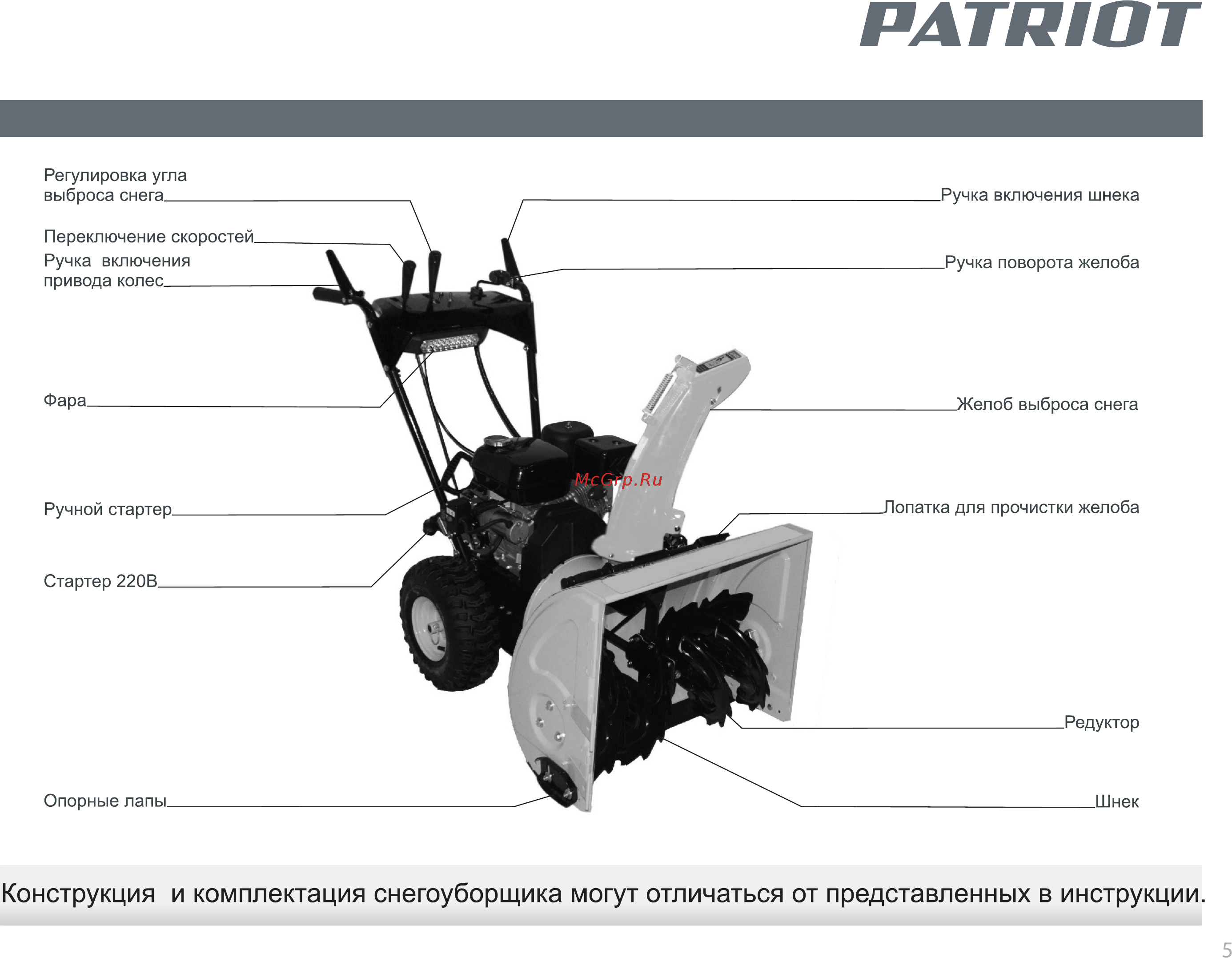 Patriot PS 921 [5/24] Конструкция и комплектация снегоуборщика могут отличаться от представленных в инструкции