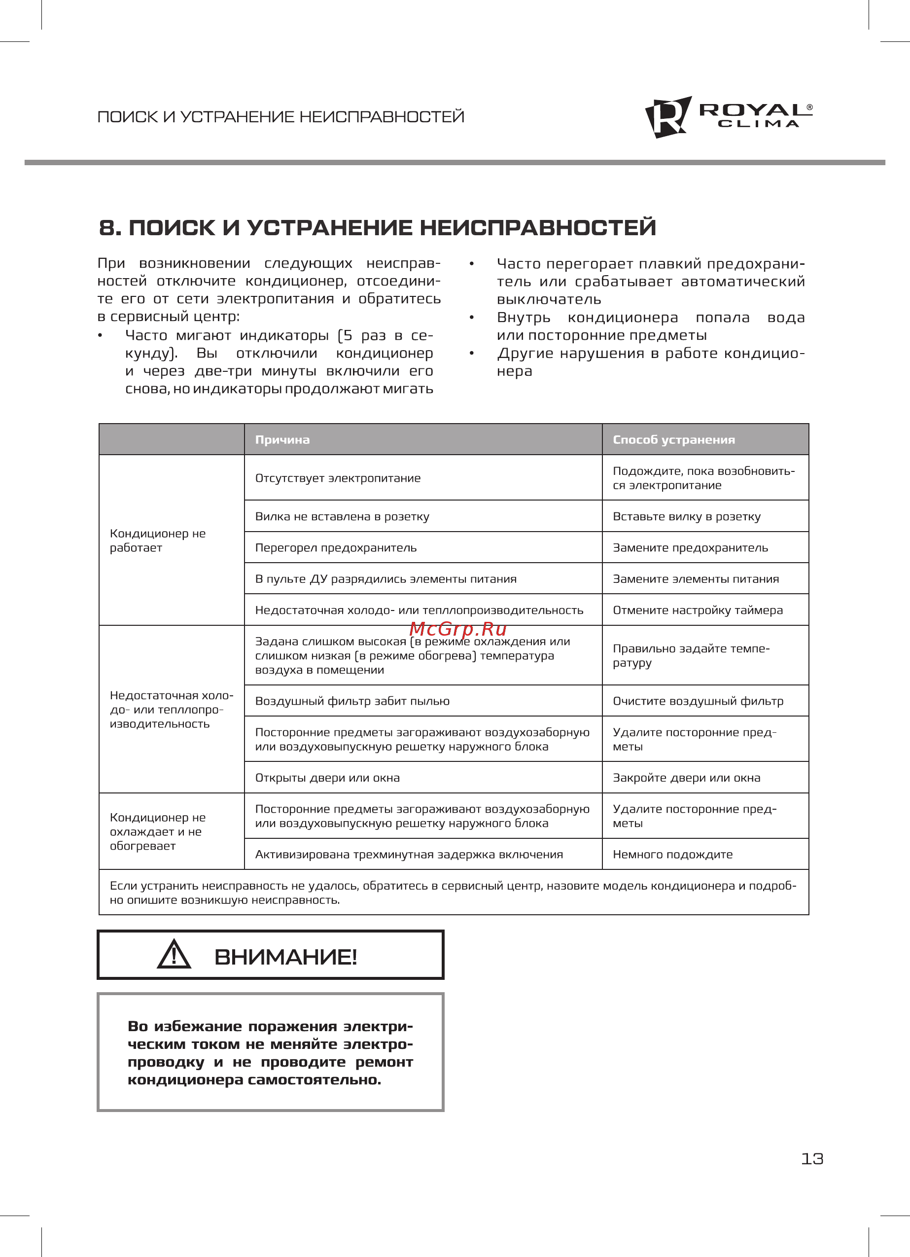 Royal Clima RC-G27HN [13/20] В поиск и устранение неисправностей