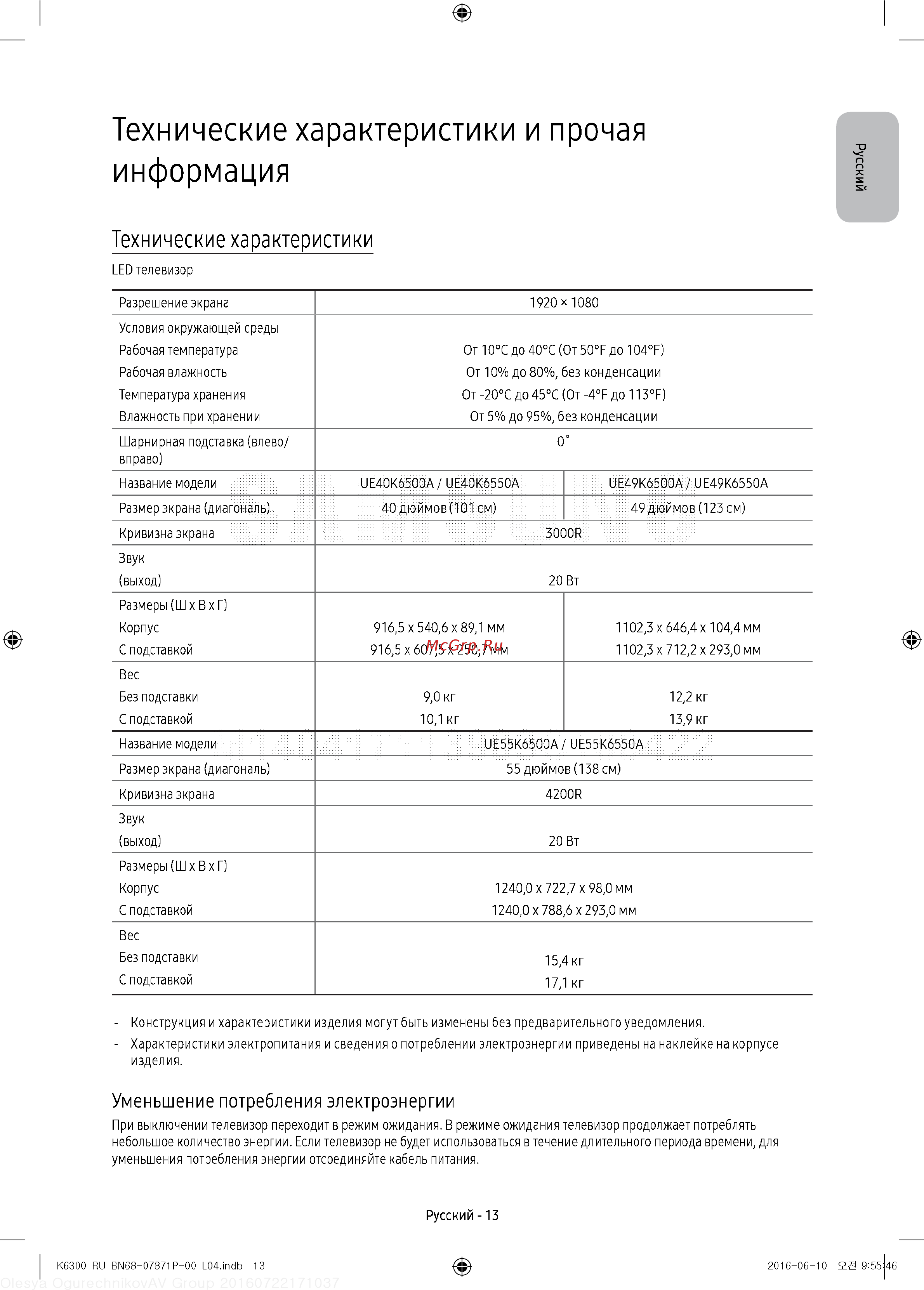 Samsung UE40K6500BU [13/60] Технические характеристики и прочая информация