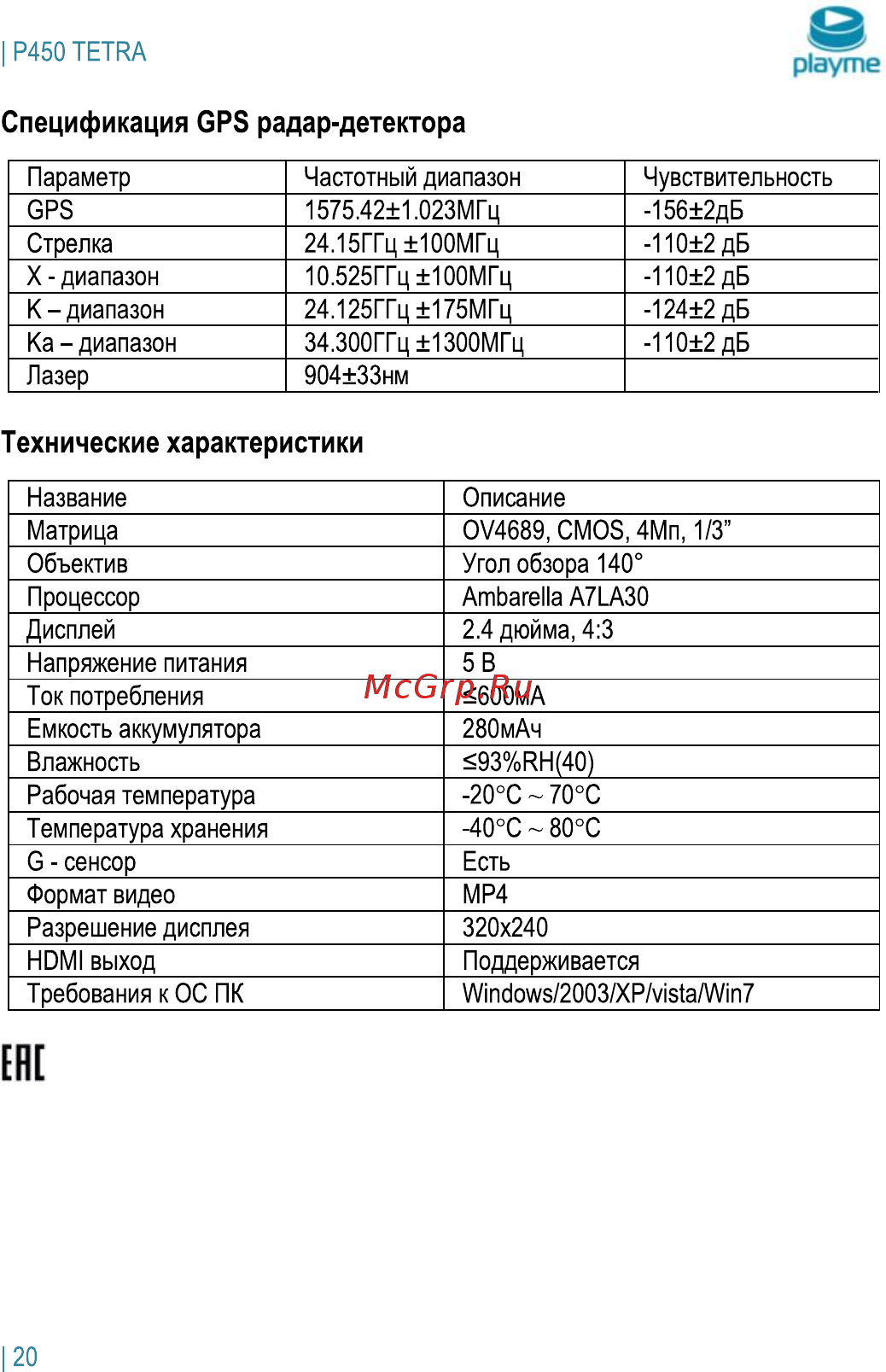 Playme P450 TETRA [21/24] Спецификация gps радар детектора