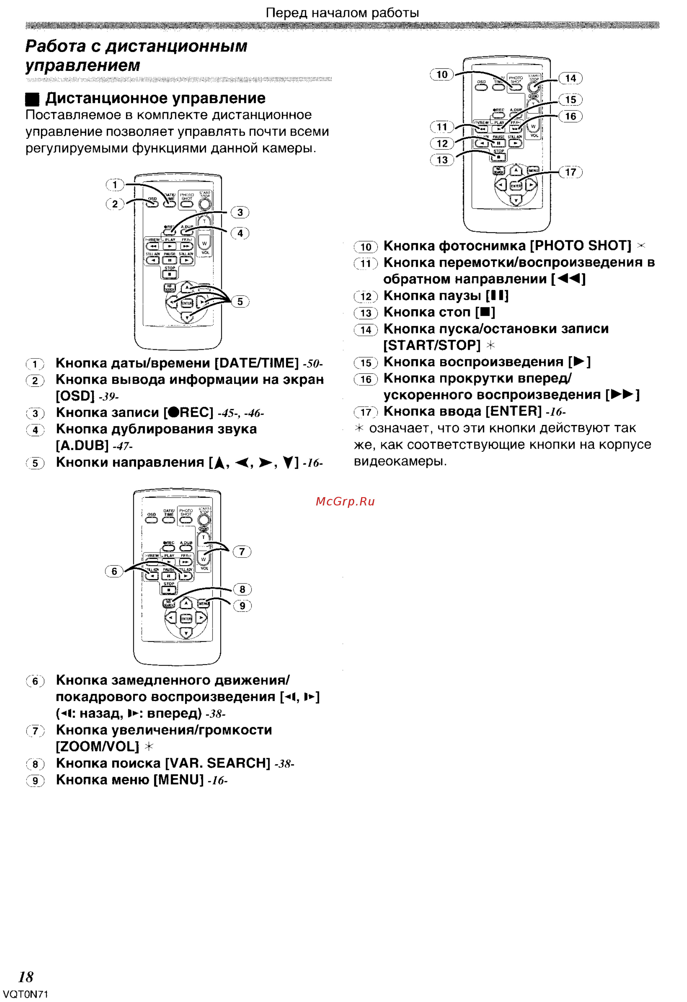 Panasonic NV-GS250 GC-S [18/96] Работа с дистанционным управлением
