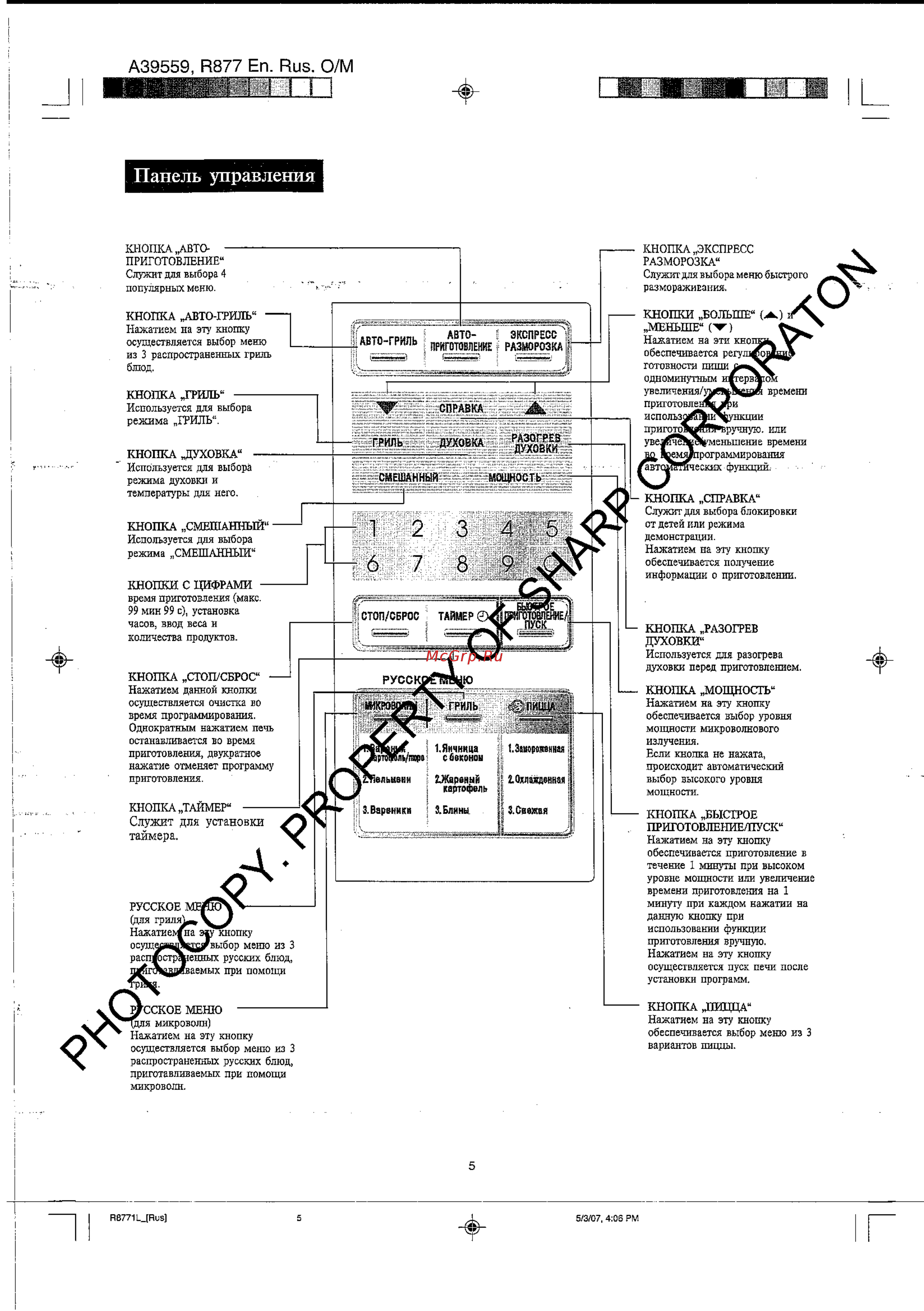 Sharp R-8771 LW [6/18] Панель управления