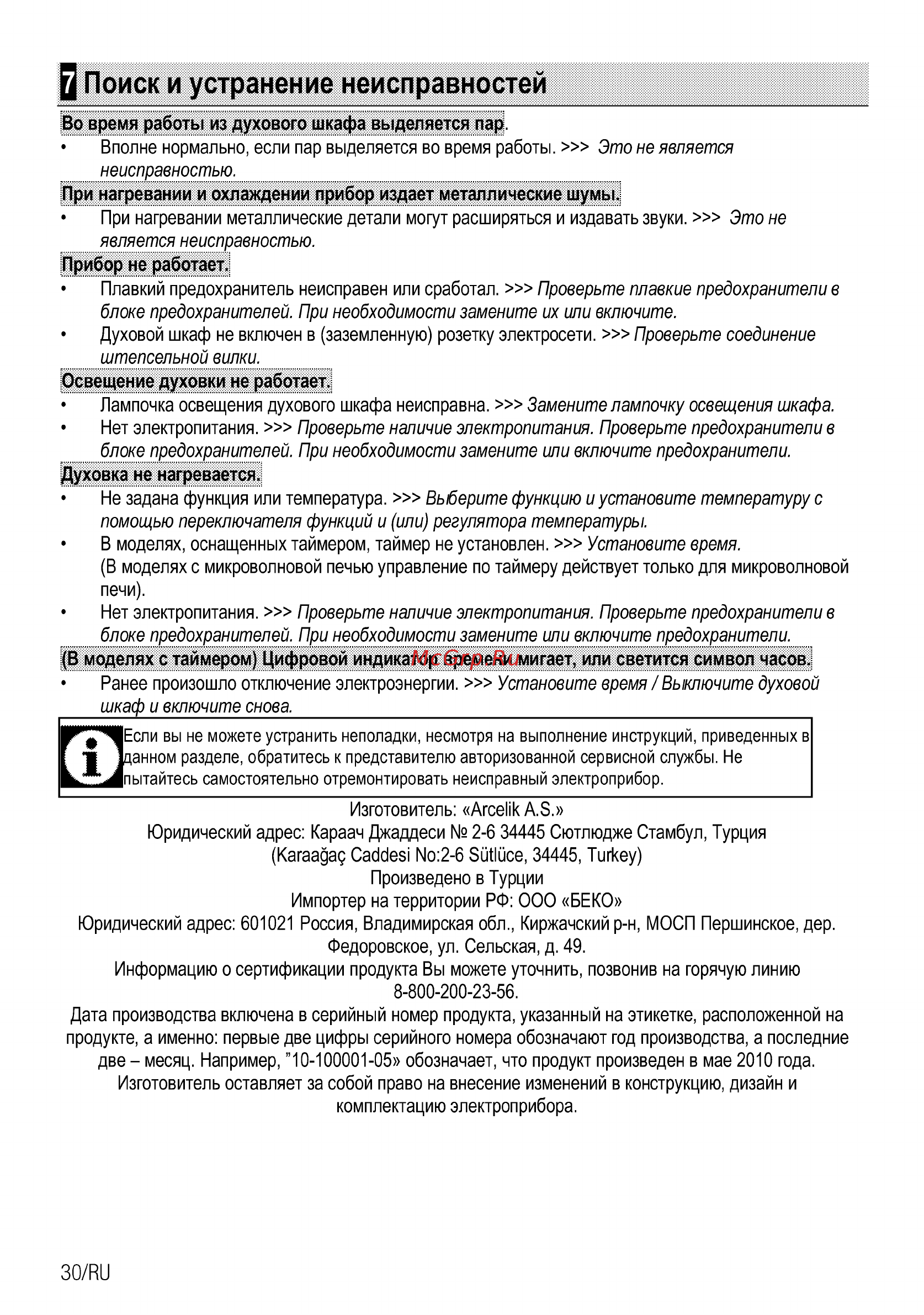 Beko OIM 27201 C [58/92] Поиск и устранение неисправностей