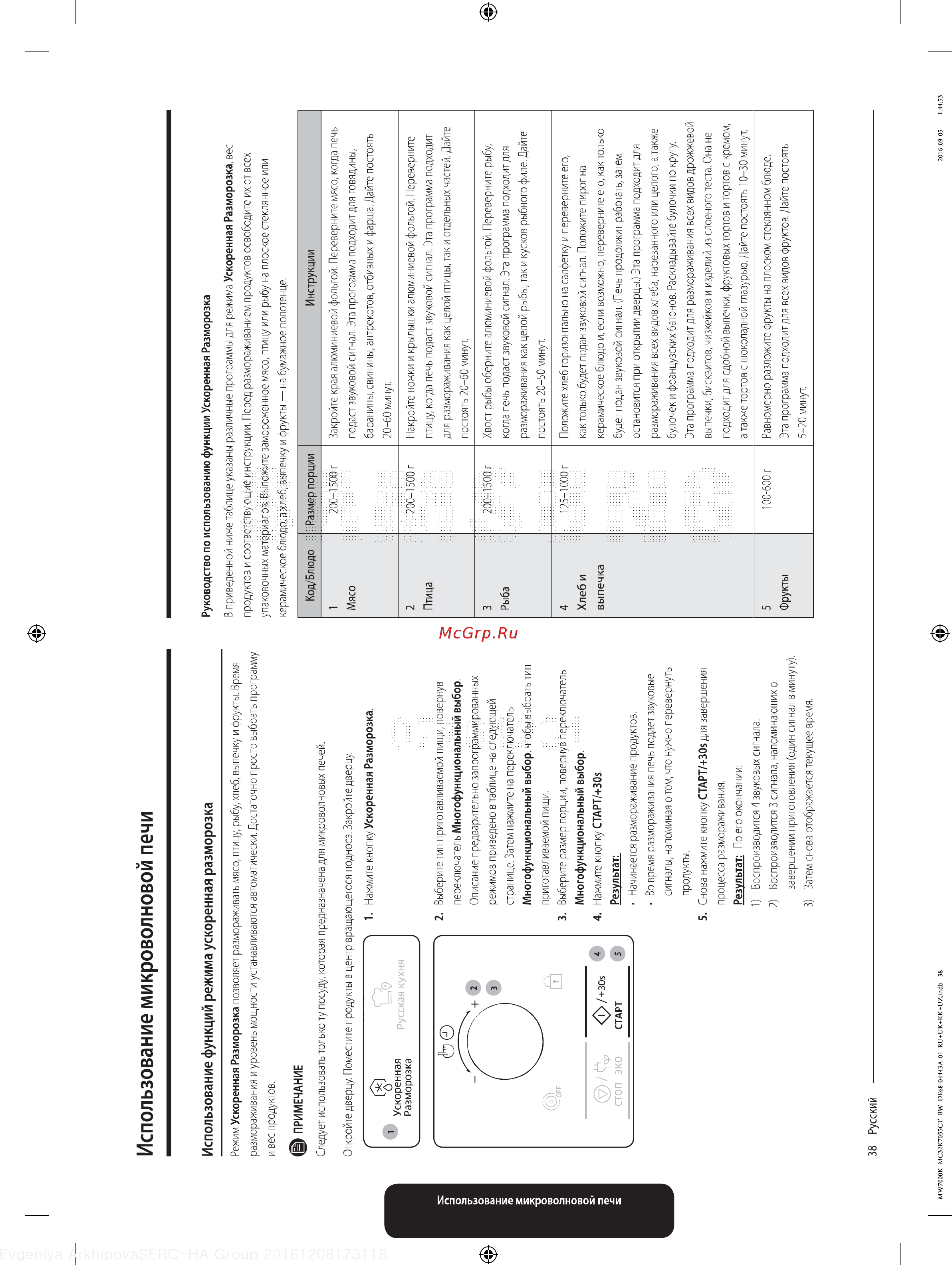 Samsung MC32K7055CT/BW [38/64] Использование функций режима ускоренная разморозка