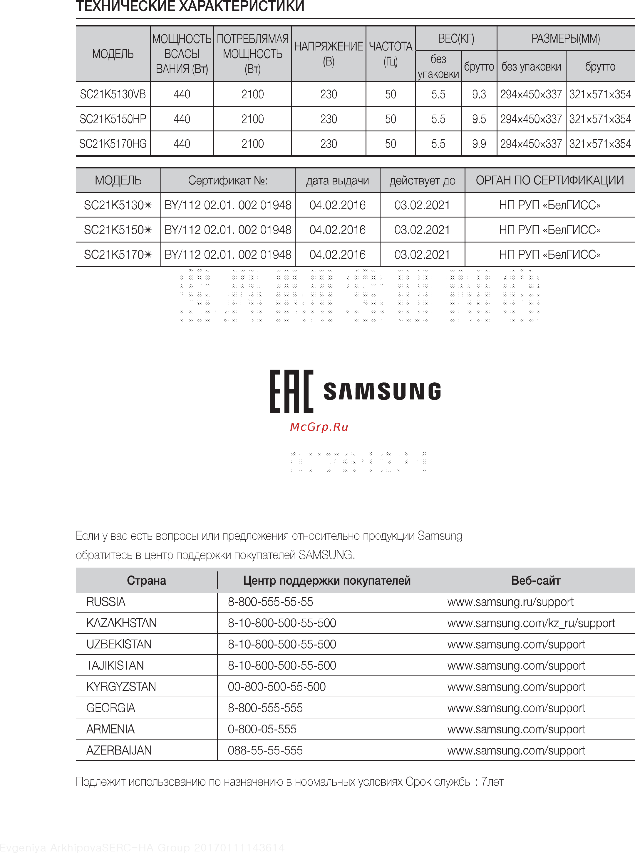 Samsung VC21K5170HG [22/22] Технические характеристики