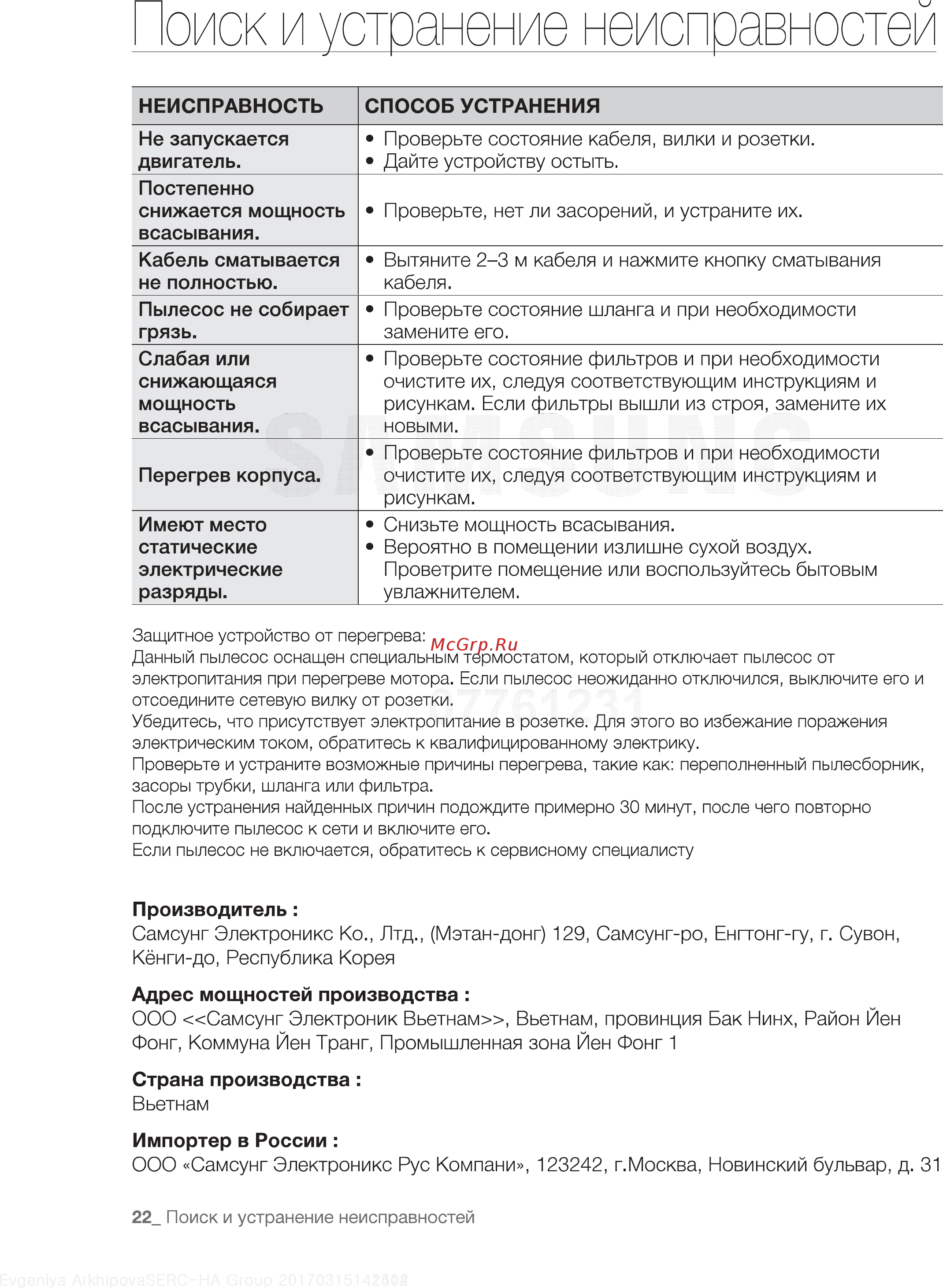 Samsung F300 VC20F30WDHL/EV [22/24] Риск и устранение неисправностей
