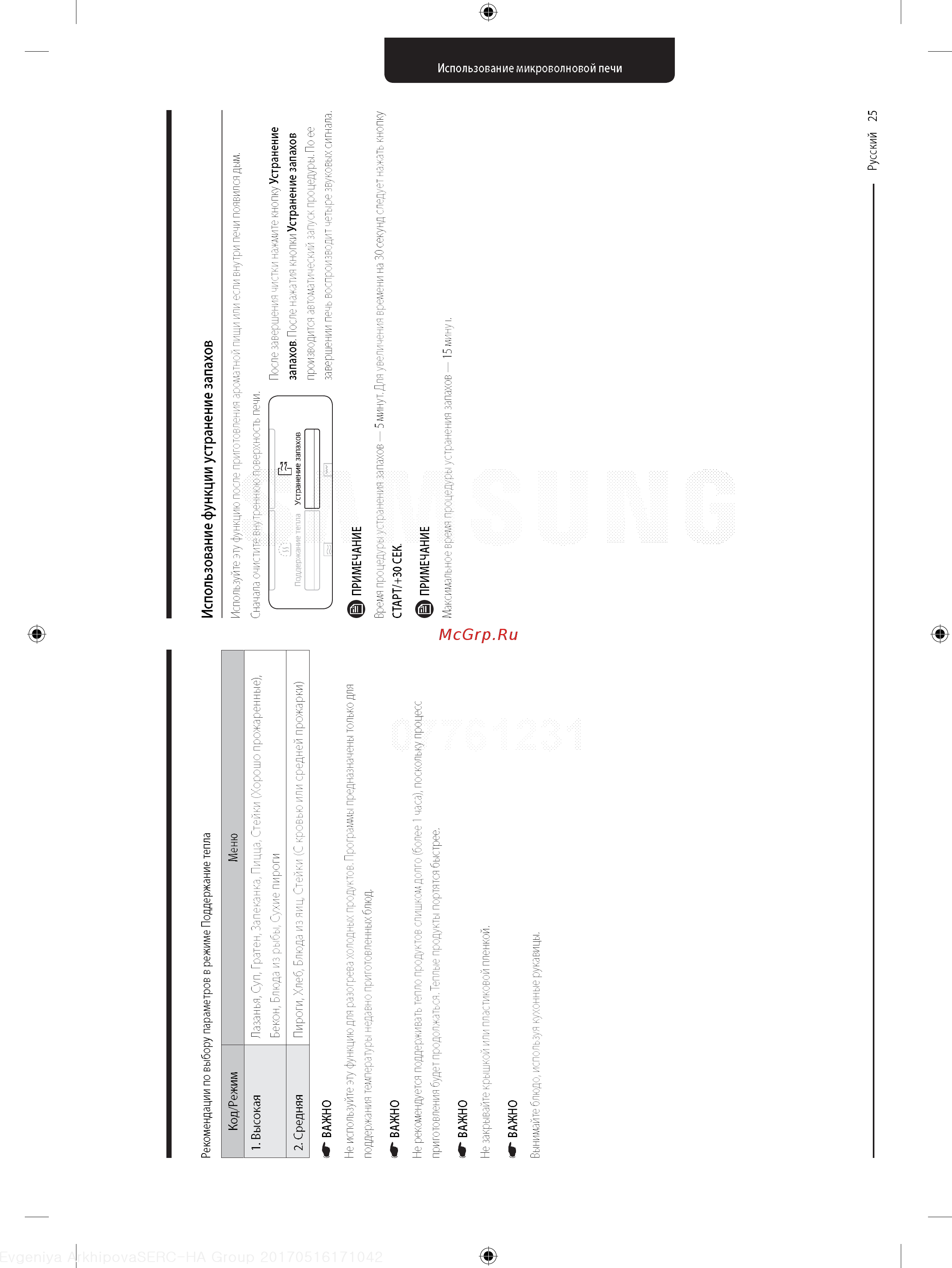 Samsung MG 23 K 3575 AK Черный [25/42] Использование функции устранение запахов