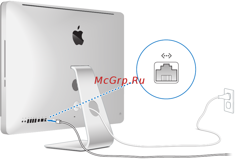 Apple iMac 21.5 i5 2.8/16Gb/256SSD/Iris 6200 (Z0RR) [11/80] Шаг 2 для доступа к интернету или сети подсоедините один конец кабеля ethernet к порту ethernet на компьютере imac другой конец подсоедините к кабельному модему dsl модему или сети