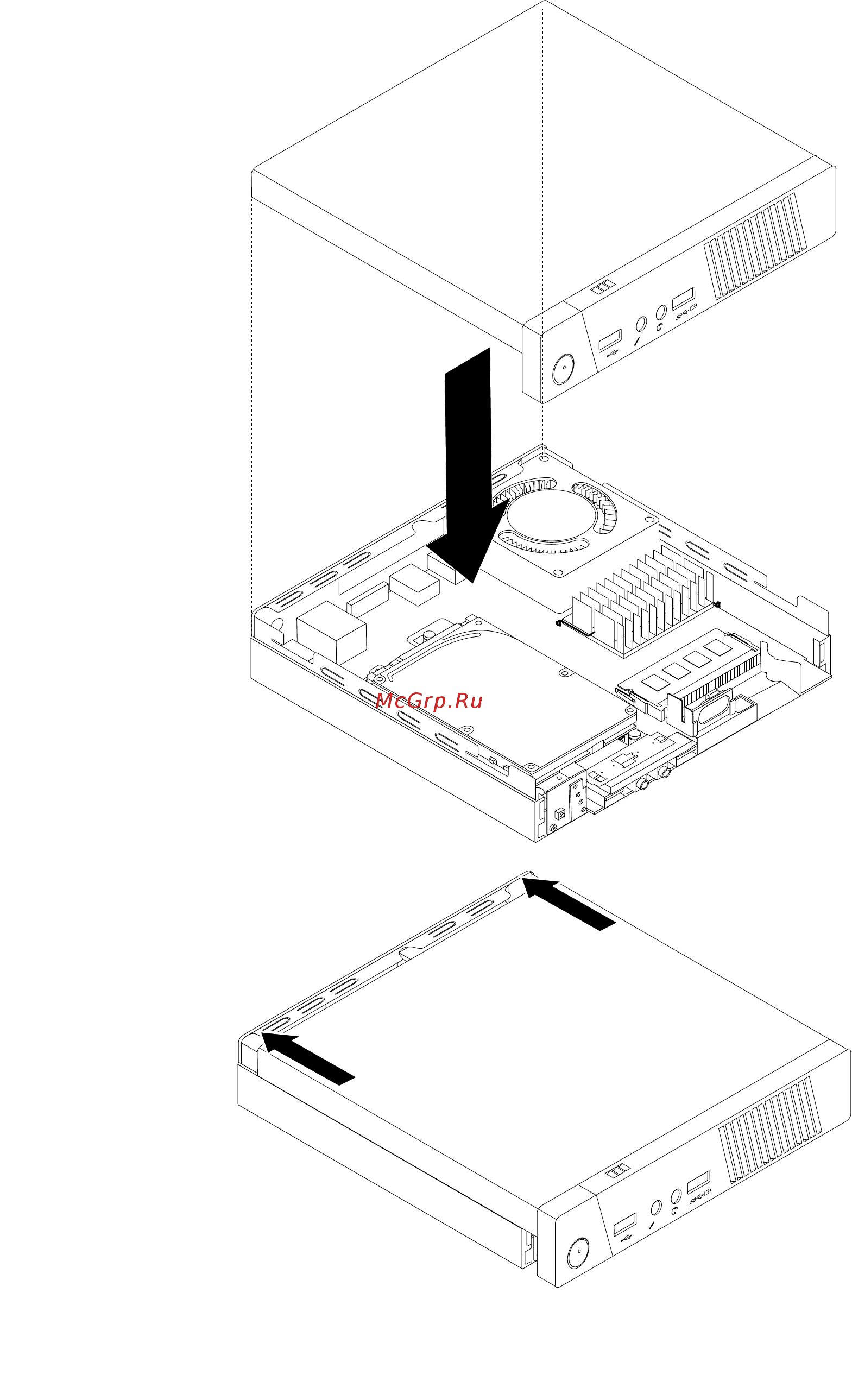 Lenovo ThinkCentre M53 Tiny slim (10DE001NRU) [128/156] Расположите кожух компьютера на корпусе и нажимайте на него в направлении задней части компьютера пока он не зафиксируется на месте