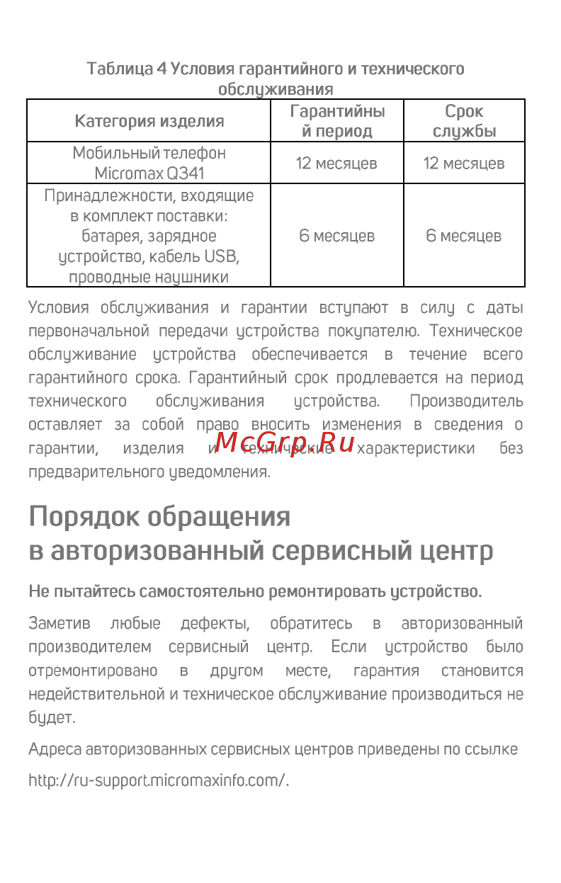 Micromax BOLT Green (Q341) [18/23] Порядок обращения в авторизованный сервисный центр