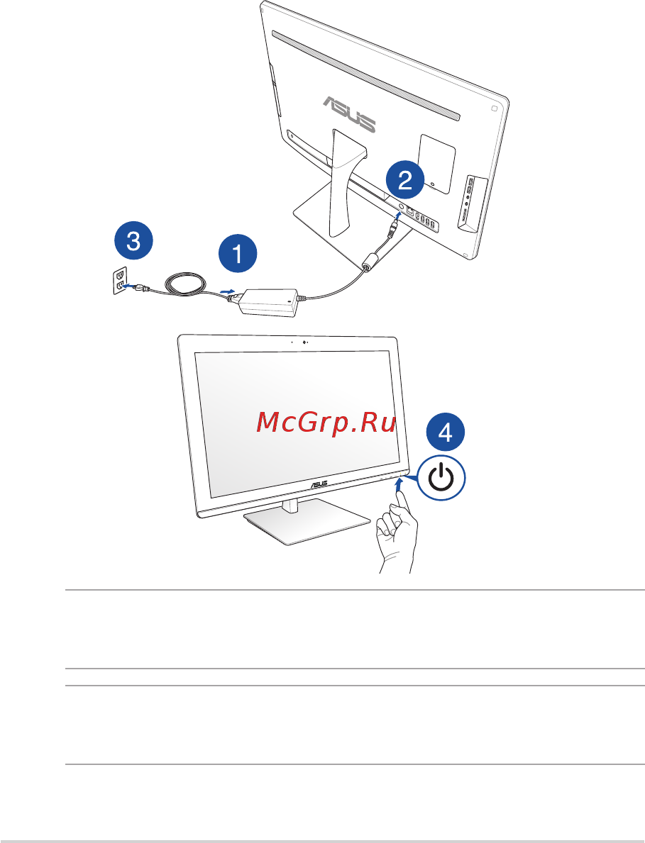 Asus Vivo V220ICGT-BG023X [25/66] Подключите поставляемый блок питания к разъему dc in на задней панели устройства 1 2 и 3 затем включите кнопку питания на передней панели устройства 4