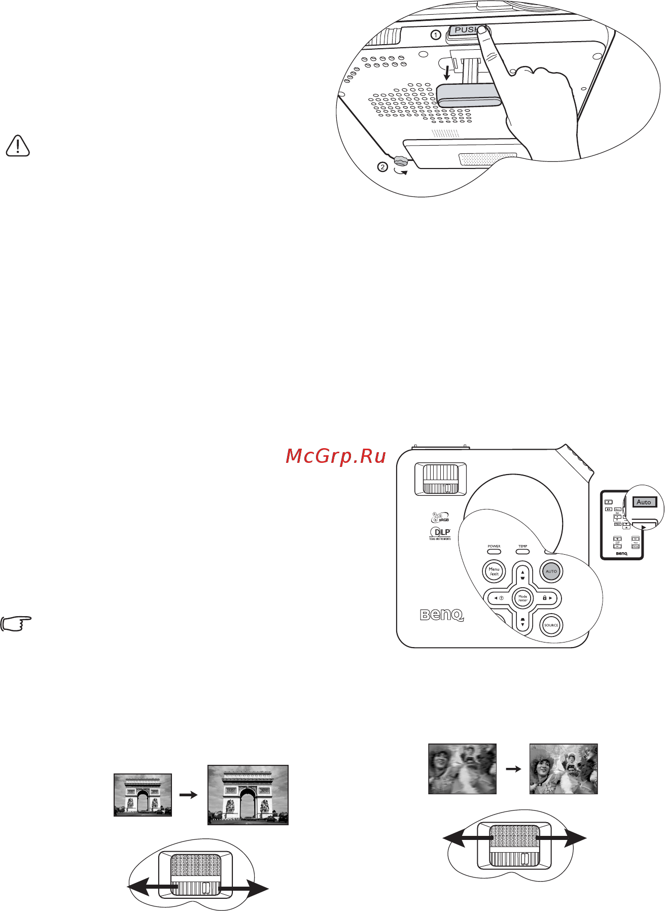 Benq MP612C [30/63] Проектор оснащен 1 быстро выпускающейся ножкой регулятора и 1 задней ножкой с помощью этих ножек осуществляется регулировка линии проецирования по высоте и углу для регулировки проектора