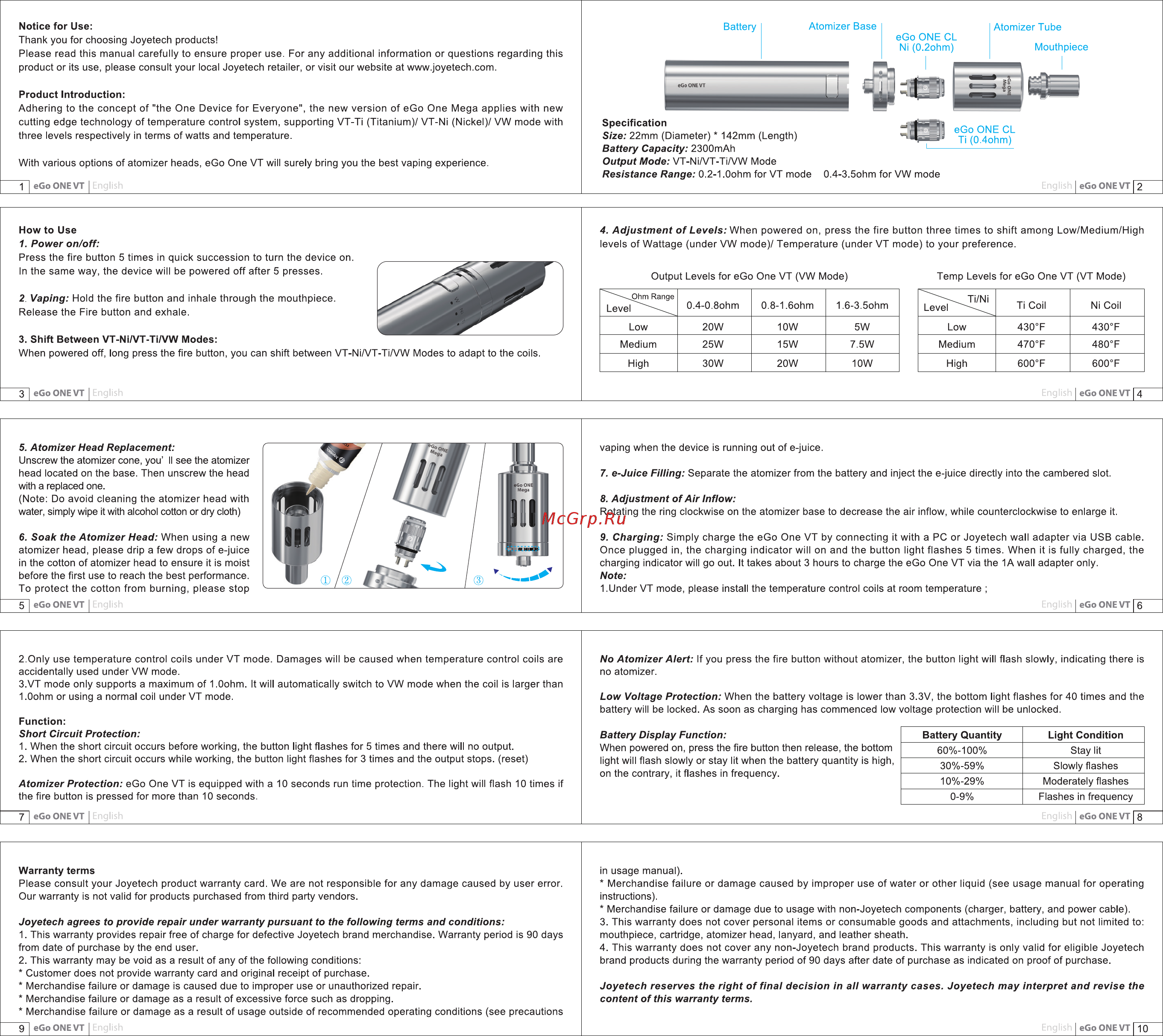 Joyetech eGo One VT, 2300 mAh, 4 мл, стальной Инструкция по эксплуатации онлайн