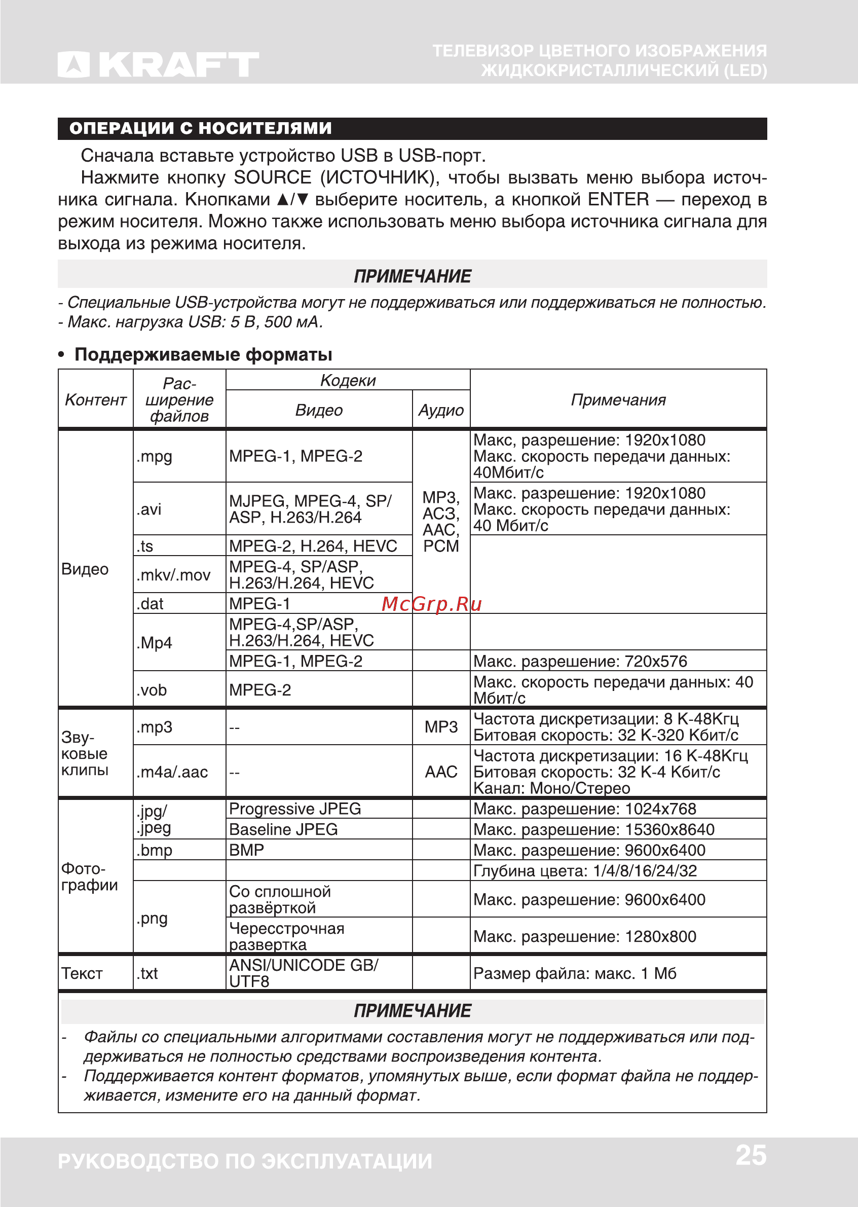 KRAFT KTV-2401LEDT2 [25/41] Поддерживаемые форматы