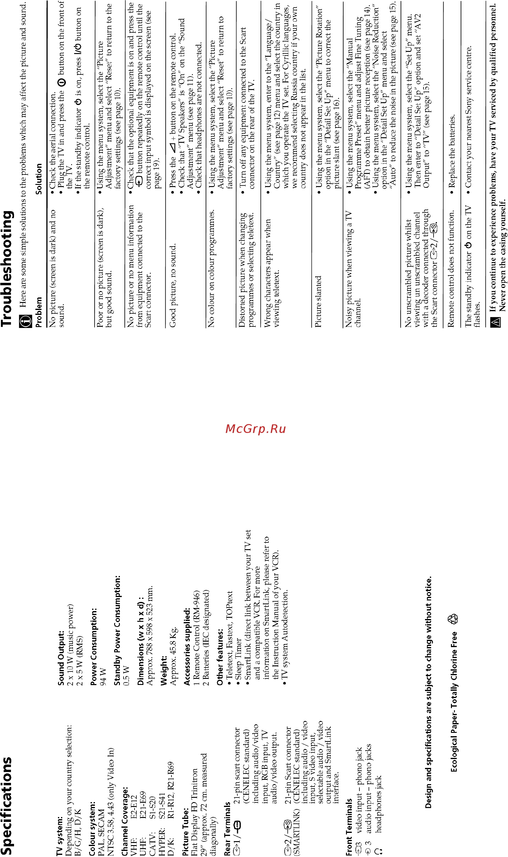 Sony KV-29CL10K [12/52] Specifications