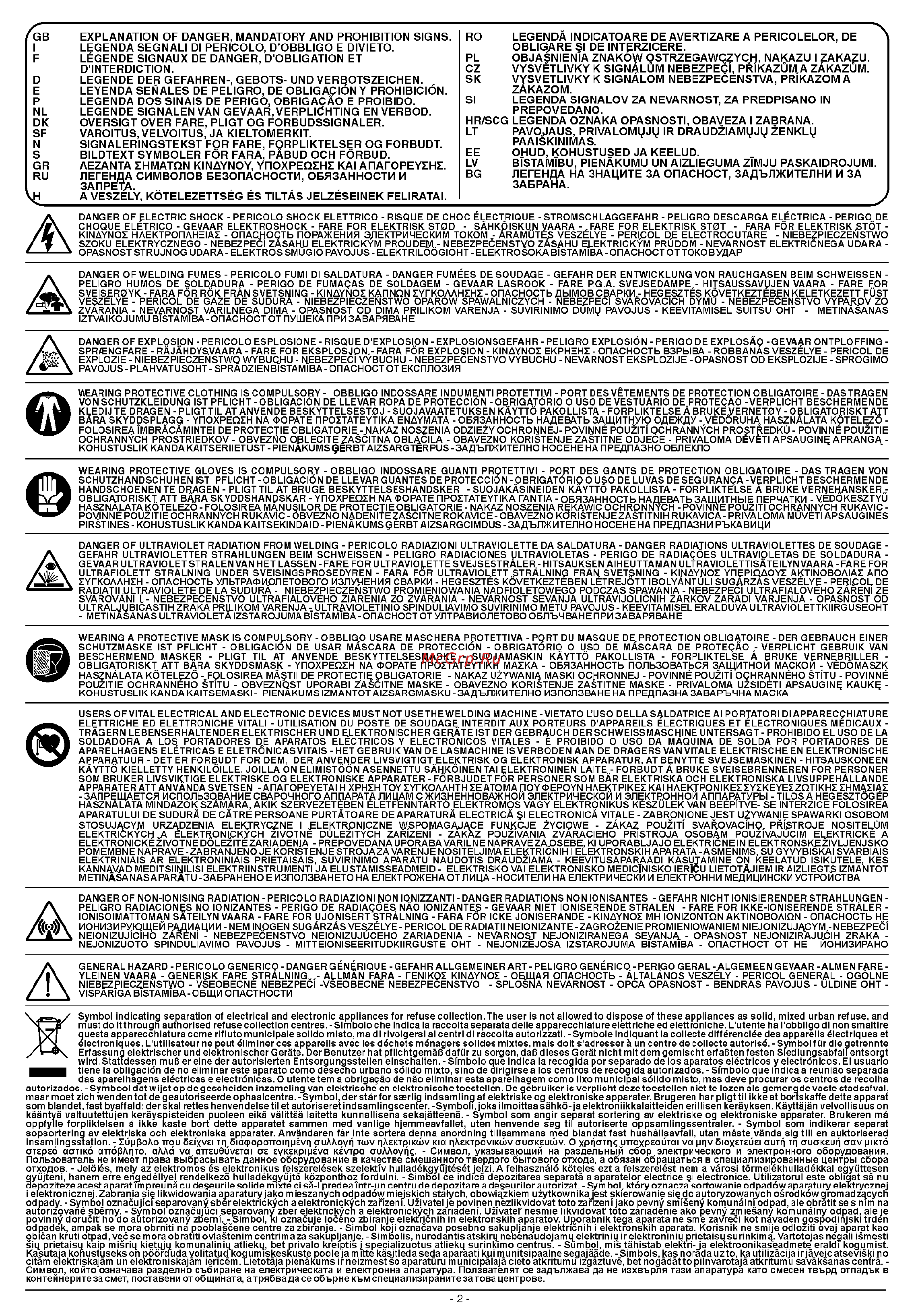 Blueweld Best 260 CE [2/10] Symbol indicating séparation of electrical and electronic appliances for refuse collection the user is not allowed to dispose of these appliances as solid mixed urban refuse and