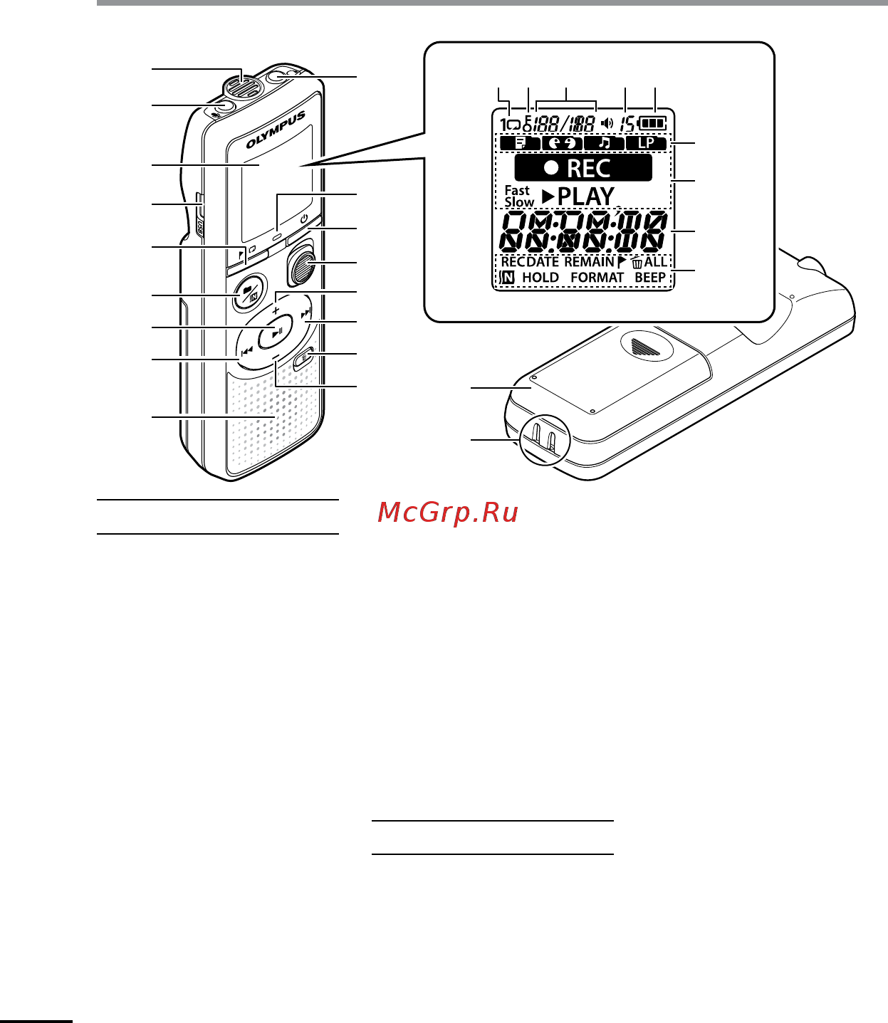 Olympus VN-541PC + TP8 Pick-Up Microphone [4/44] Названия составных частей
