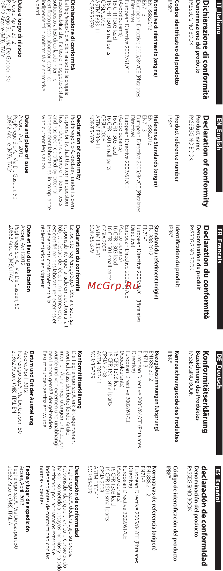 Peg-Perego Book Completo Mod red (прогулочная) Инструкция по эксплуатации онлайн [81/84] 260332