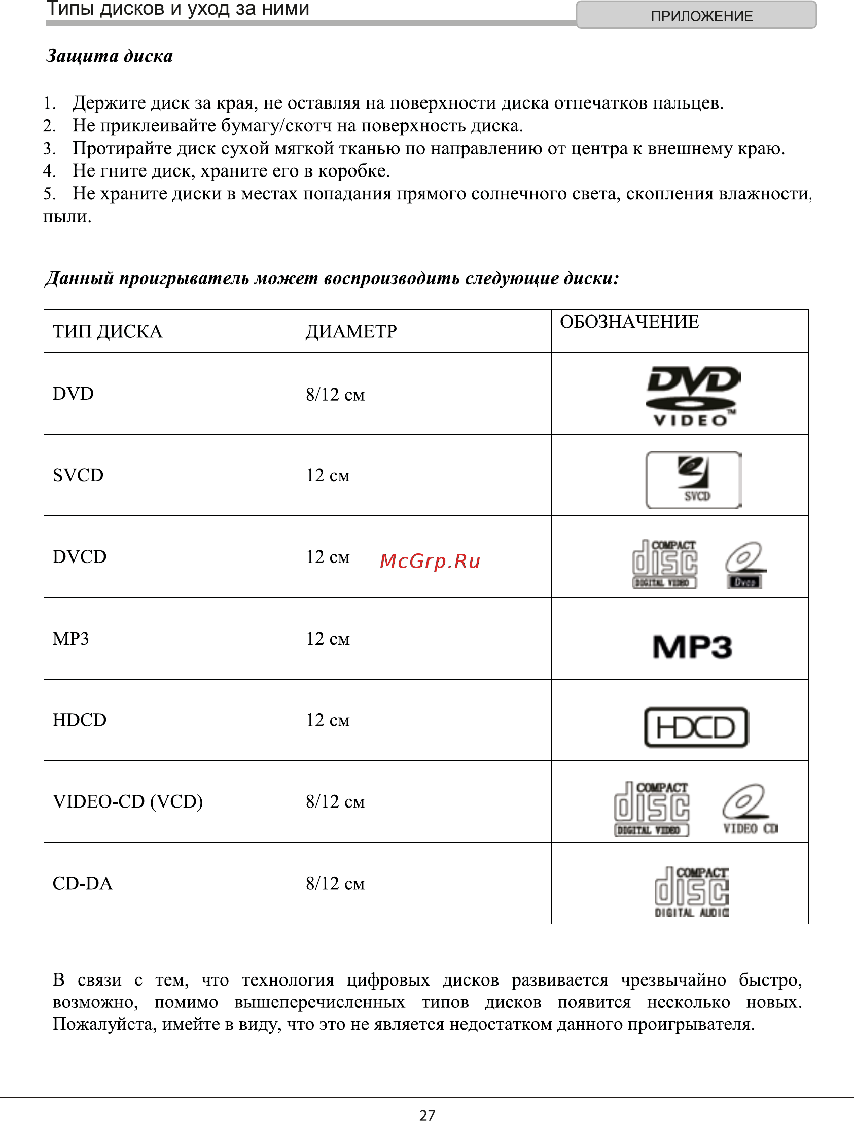 Rolsen RDV-2010 [27/31] Типы дисков и уход за ними