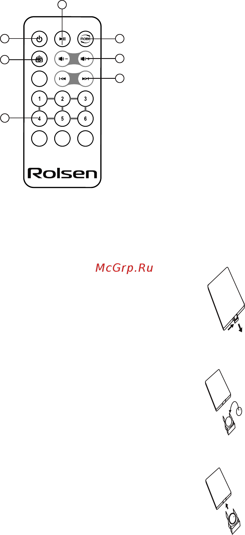 Rolsen RCR-256B [10/15] Включение выключение магнитолы 2 воспроизведение пауза 3 выбор режима воспроизведения 4 изменение режима эквалайзера 5 уменьшение увеличение громкости 6 предыдущий следующий фа...