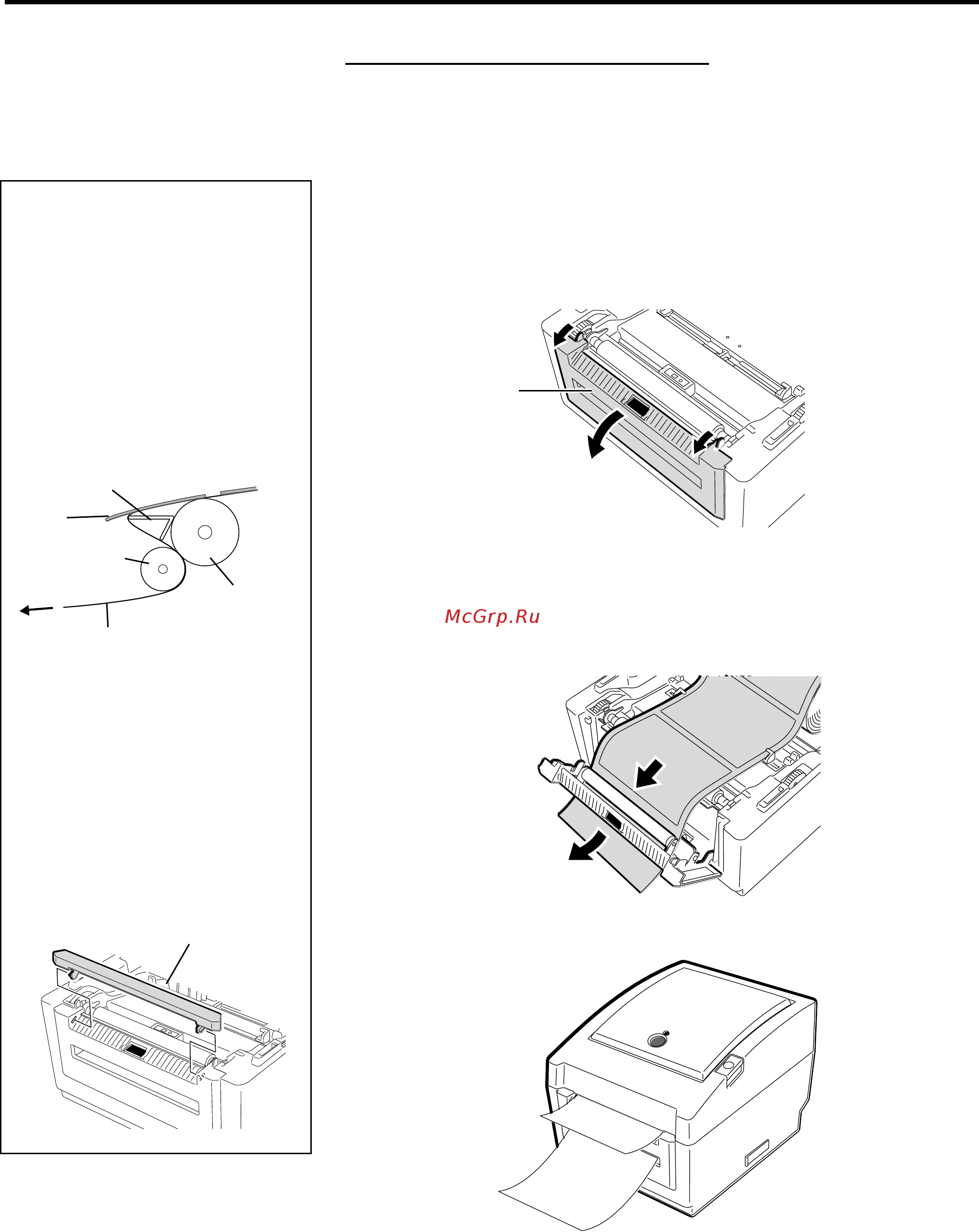 Toshiba B-EV4D [22/44] При установленном модуле отклейки после нанесения информации каждая этикетка автоматически отделяется от подложки порядок загрузки материала при печати этикеток в режиме отклейки загрузите материал для печати следующим образом 1 загрузите наклейки как было описано на страницах выше 2 откройте модуль отклейки вытащив его