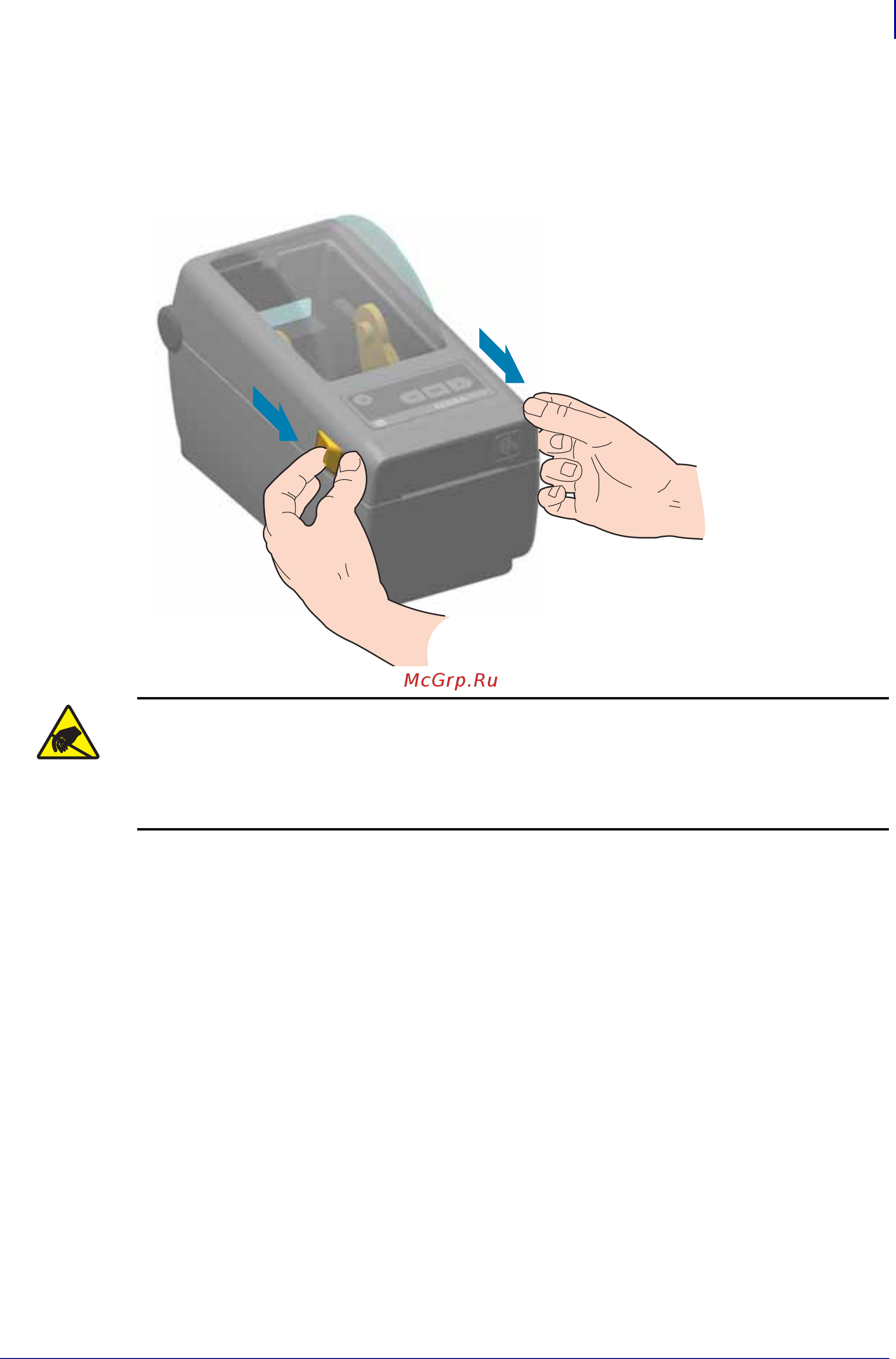 Zebra ZD410 (ZD41022-D0EM00EZ) [17/165] Для доступа к отсеку носителя необходимо открыть принтер потяните фиксирующие защелки на себя и поднимите крышку проверьте чтобы в отсеке носителя не было незакрепленных или поврежденных компонентов