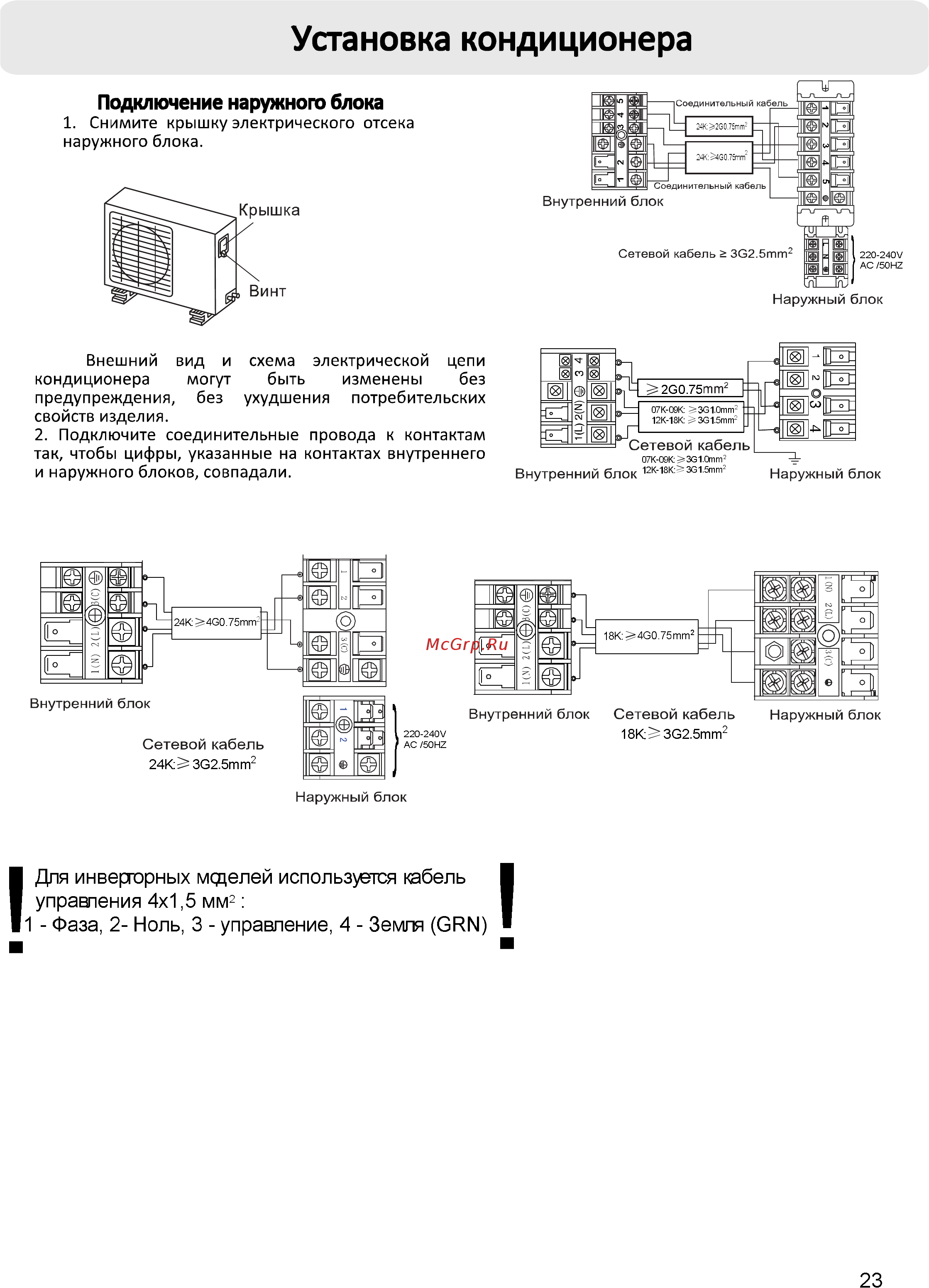 Haier AS09NS3ERA-W/1U09BS3ERA [23/31] Для инверторных мсделей используется кабель управления 4x1 5 м