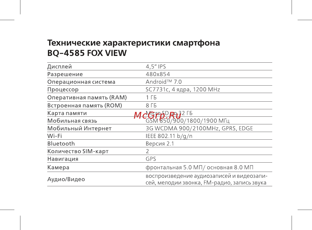 BQ BQ-4585 Fox View [4/44] Технические характеристики смартфона bq 4585 fox view