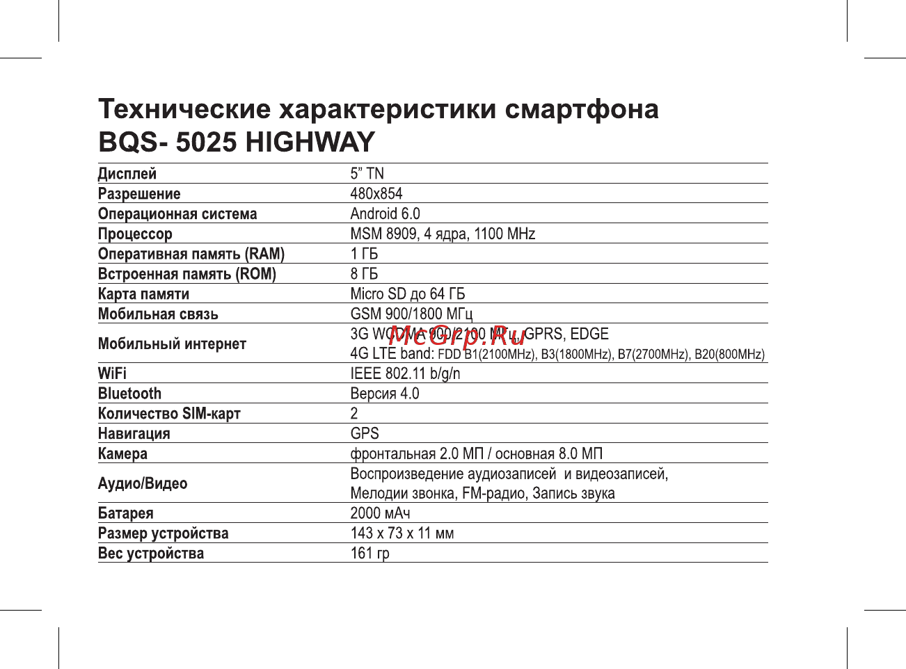BQ BQS-5025 HighWay [4/46] Технические характеристики смартфона bqs 5025 highway