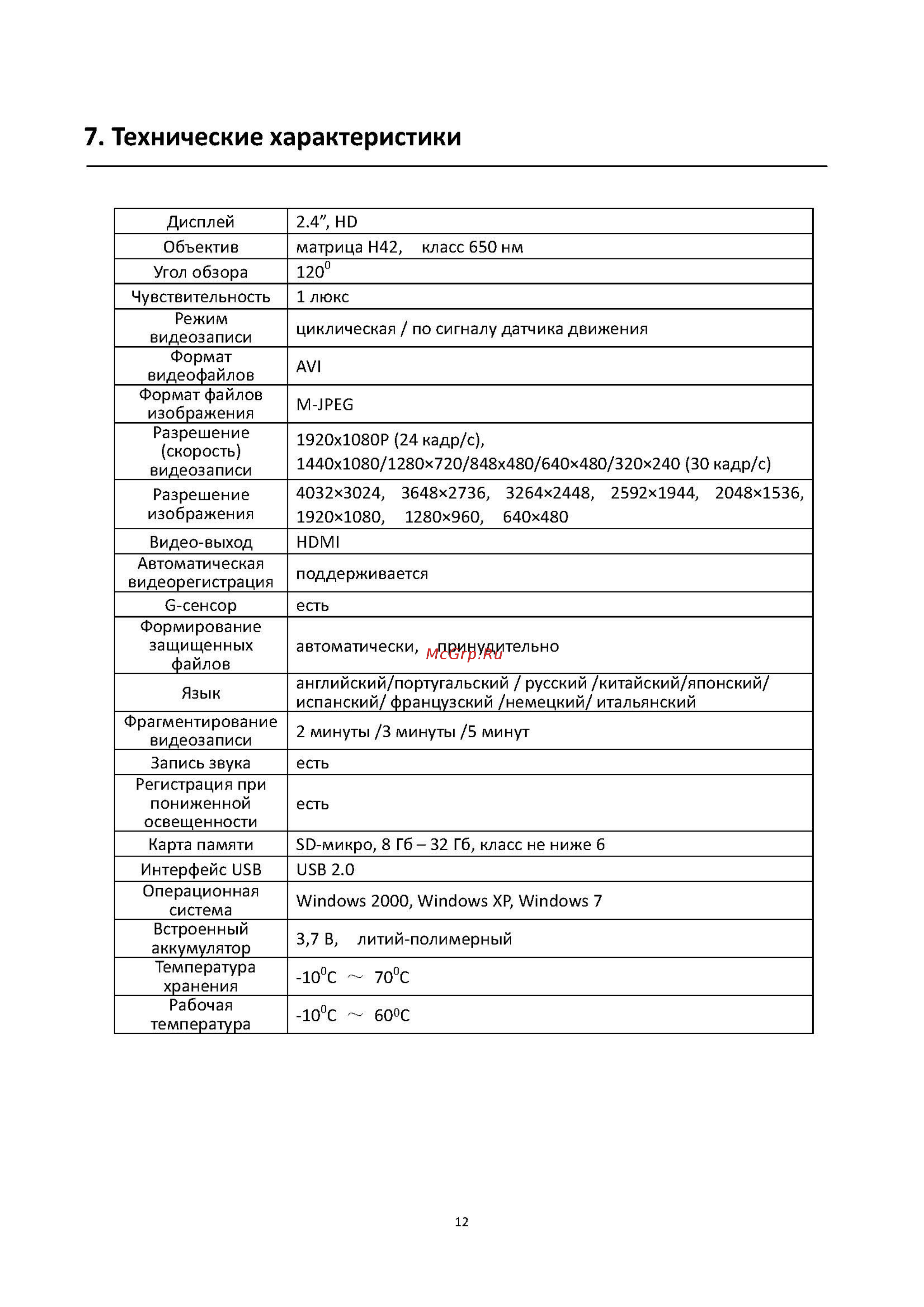 Sho-Me FHD-350 [12/13] Технические характеристики