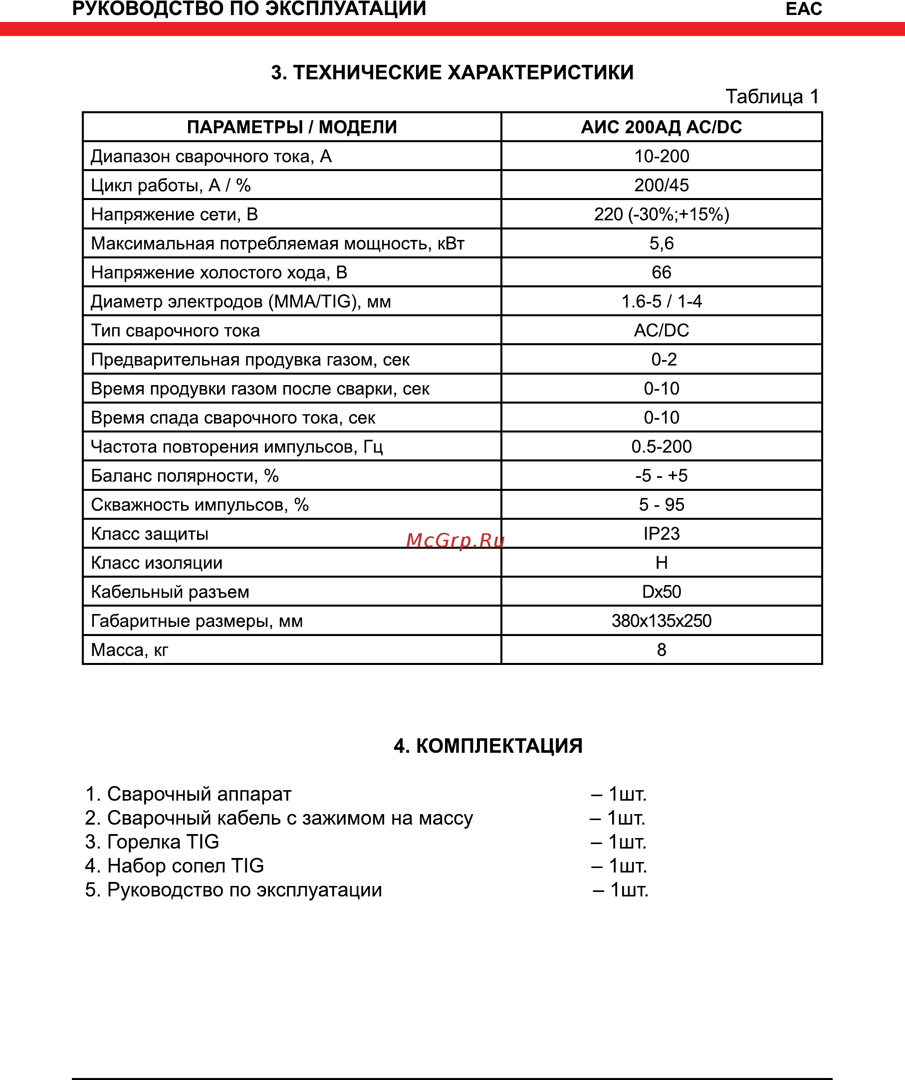 Elitech АИС 200АД AC/DC [6/16] Сварочныйаппарат 1шт 2 сварочныйкабельсзажимомнамассу 1шт 3 горелкаtig 1шт 4 наборсопелtig 1шт 5 руководствопоэксплуатации 1шт
