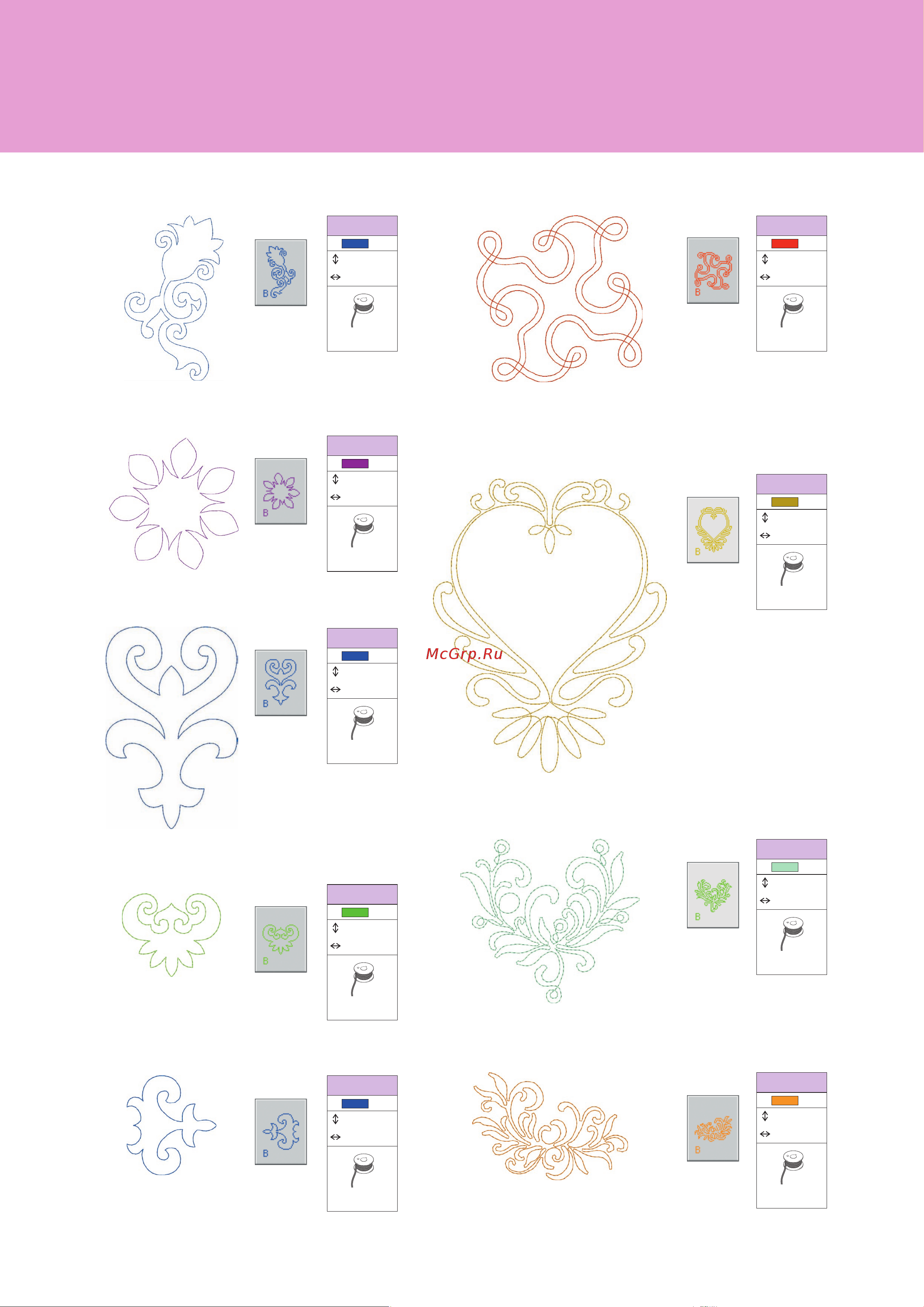 Brother INNOV-IS NV-V7 [54/64] Embroidery pattern color change table stickmuster farbtabelle tableau de changement de couleur des motifs de broderie kleurwijzigingstabel voor de borduurpatronen tabella di cambiamento colori degli schemi di ricamo tabla de cambio de color para patrones de bordado fargeoppsett broderimønstre таблицы цветов нитей для вышивок